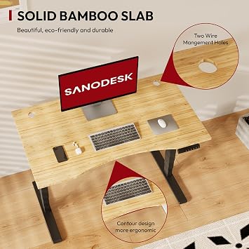 SANODESK Solid Bamboo Dual Motor Standing Desk, 220 lbs, 4824 | One-Piece Top, 220 lbs, 3-Stage Sit Stand Desk with 4 Memory Presets for Home Office, Black Frame/Natural Curved Bamboo