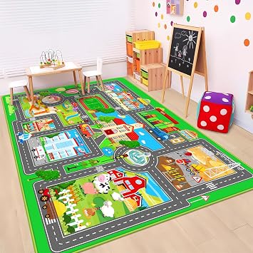 Kids Car Playmat, Kids Rug for Playroom Car Mat Town City Road Traffic Rugs, Play Mat for Floor, Extra Large Boys Kid Car Track Play Rug Style SIX, 59X 39.4 INCH