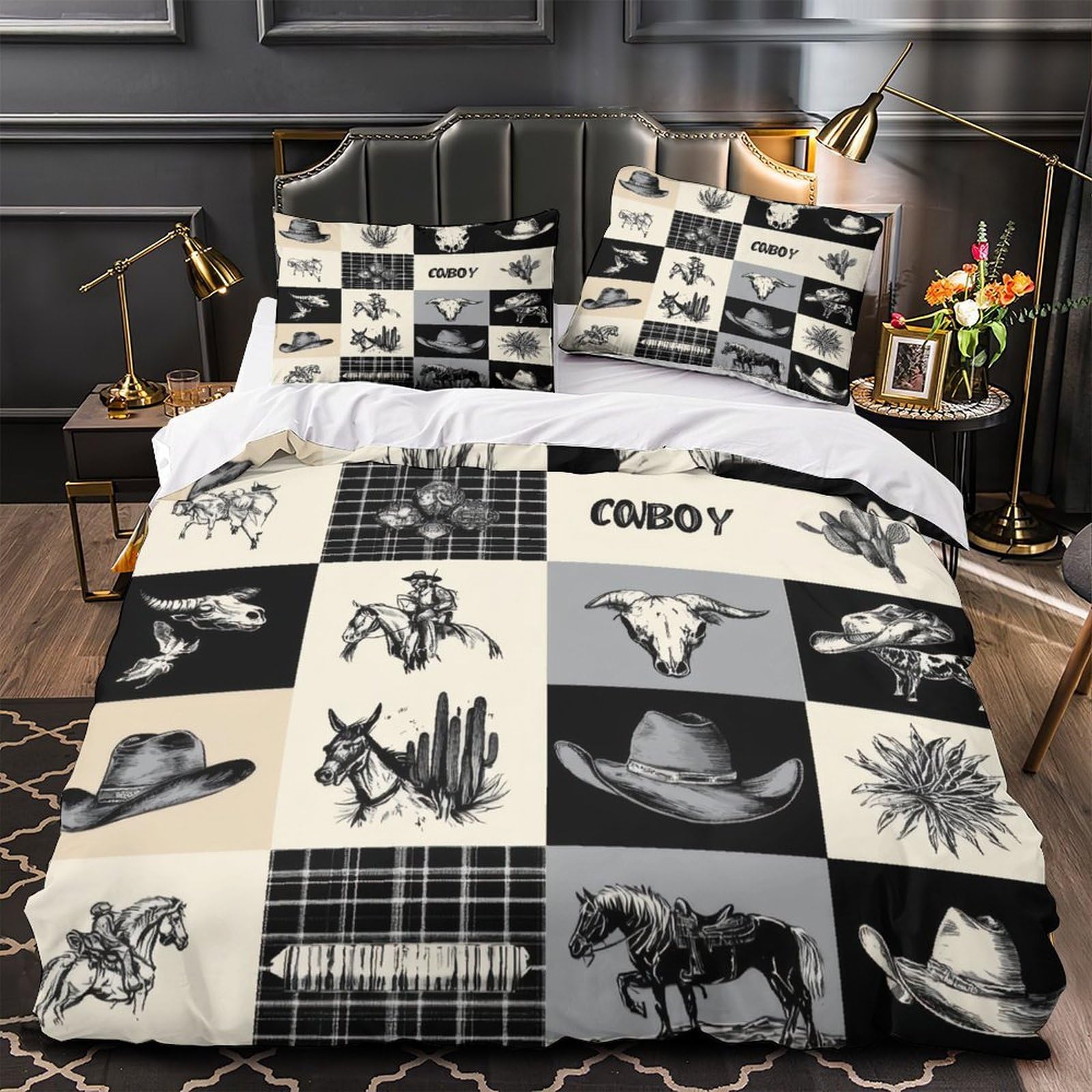 Linge de lit western 3D pour chambre d'ado style croquis cowboy et grand confort