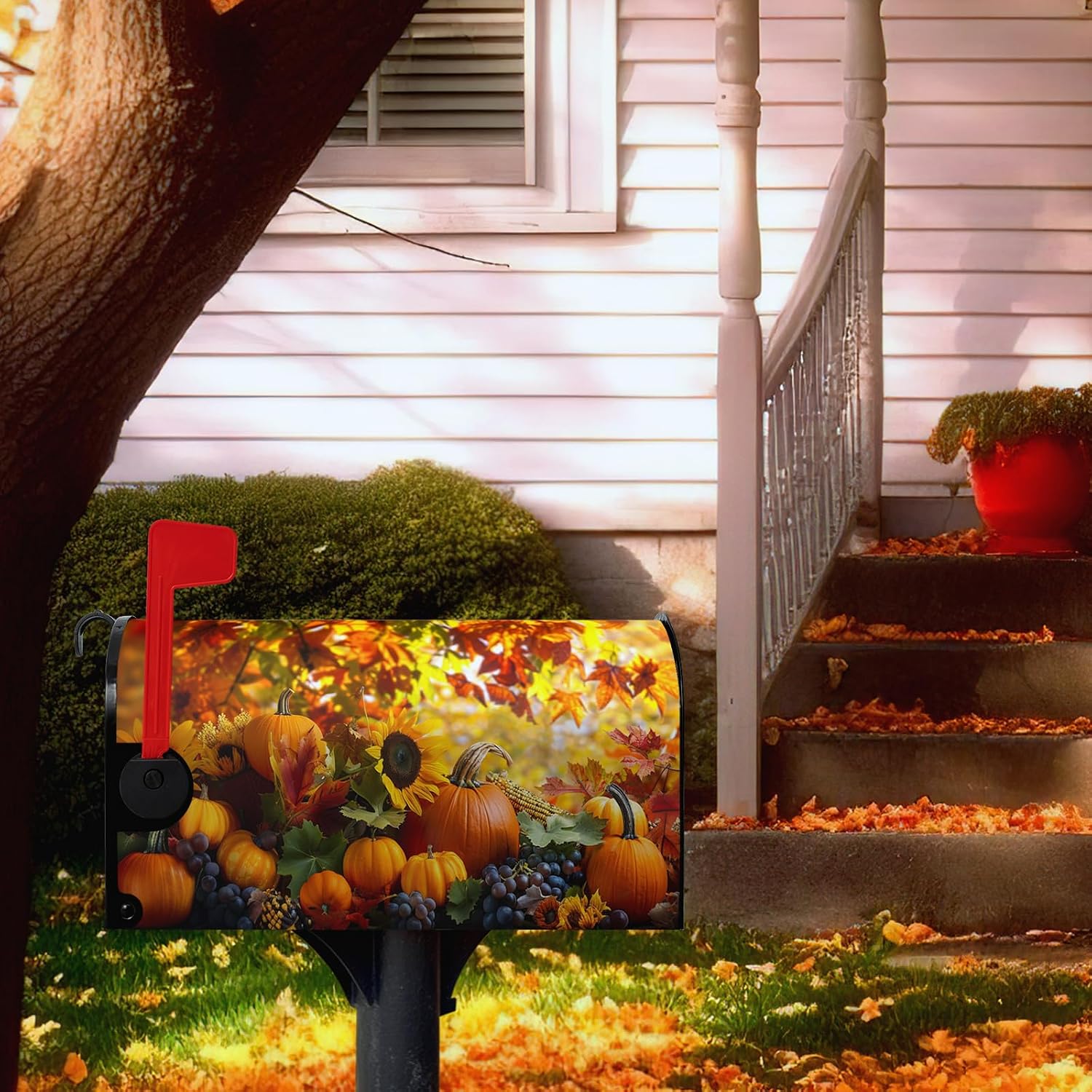 Fall Autumn Pumpkin Mailbox Cover Magnetic Large Size 25.5X21 Inch Harvest Maple Leaves Letter Box Cover Yellow Pumpkins Fall Mail Wraps Post Garden Decorations