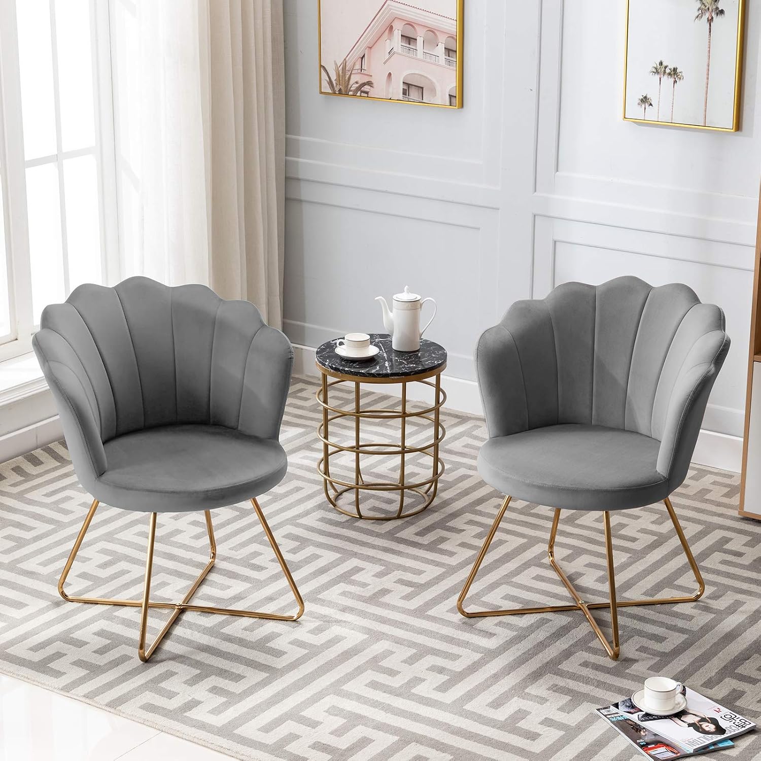 DUHOME Velvet Accent Chair Living Room Chair，Corner Chair Reception Chair for Bedroom Living Room, Shell Shaped Living Room Chair with Golden Metal Legs, Grey