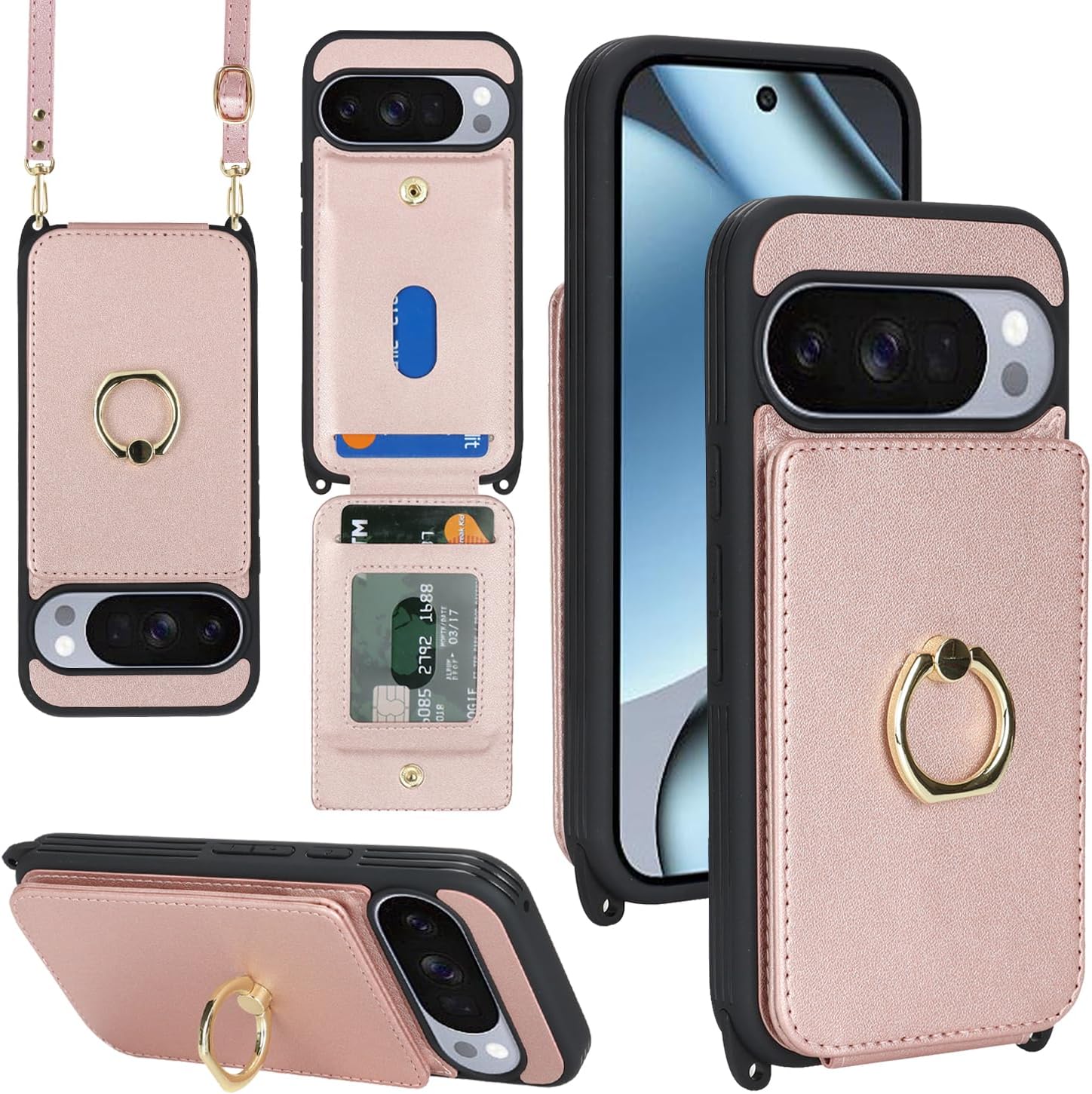 Lipvina for Google Pixel 10/10 Pro Case with Card Holder and Strap for Women,Crossbody Lanyard,RFID Blocking,Ring Stand,Snap Clasp,Phone Wallet Cases 6.3 inch(Rose Gold)