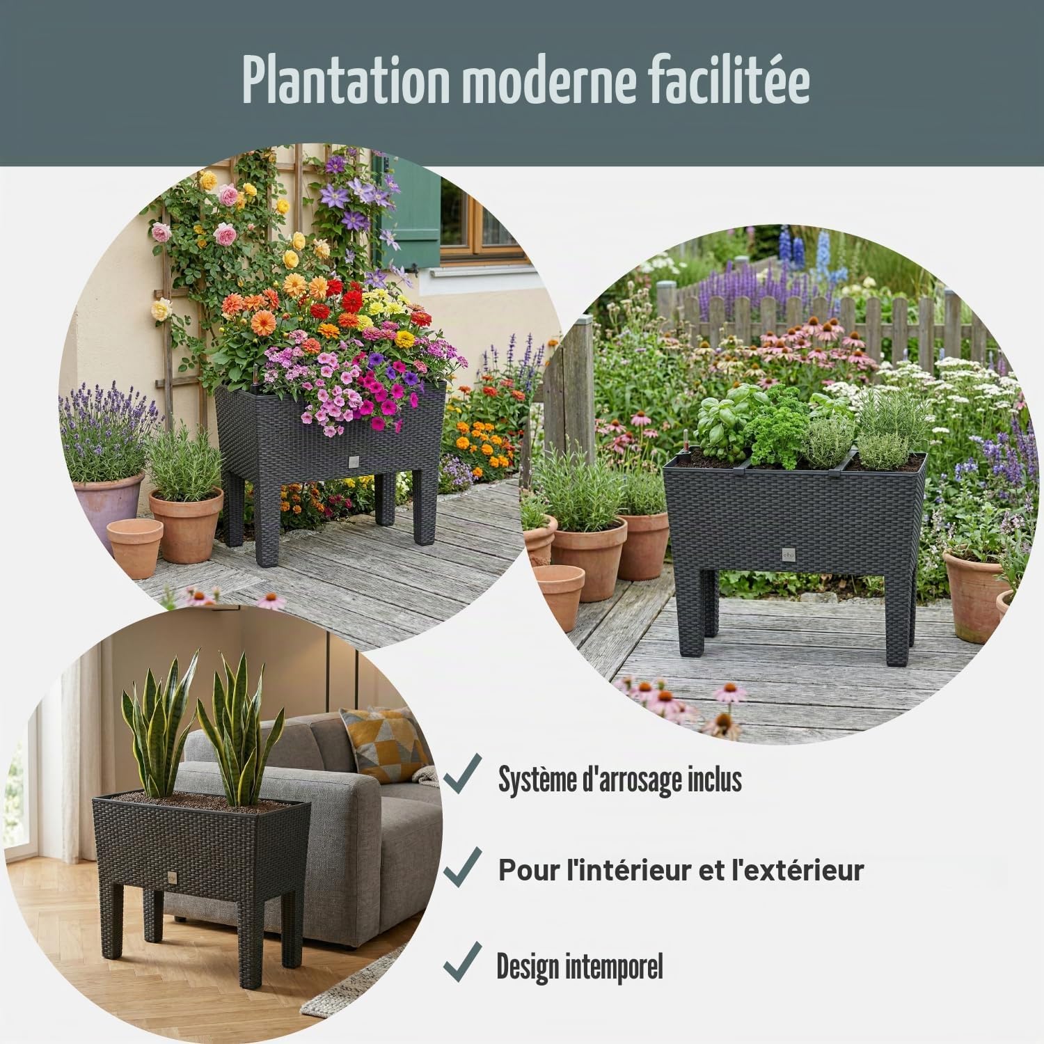 PROSPERPLAST Jardinière surélevée anthracite en polyrotin 3 compartiments 60x25x46 cm Bac à fleurs sur pieds 30 L