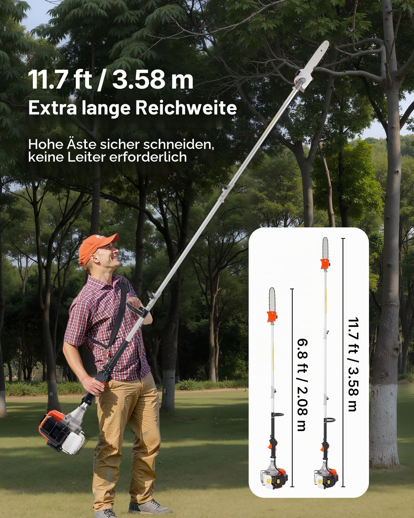 VEVOR Benzin-Hochentaster, 43ccm Hubraum 2-Takt Motorsäge, Teleskopsäge mit 2,08–3,58 m ausziehbarer Stange, 25,4 cm Schwert, 850 ml Kraftstofftank, für kraftvolles Sägen in hohen Baumkronen