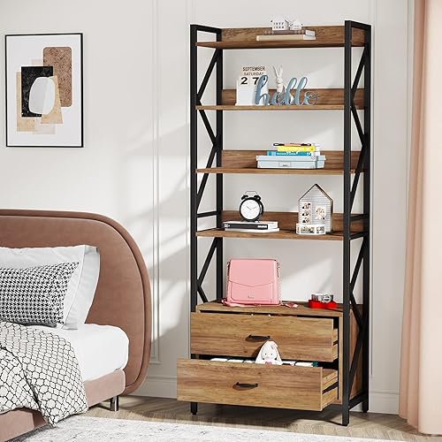 Miniatura 4 de Tribesigns Estantería con cajones, estantería industrial de 70.8 pulgadas con 2 cajones, 5 estantes abiertos para almacenamiento, estante de madera