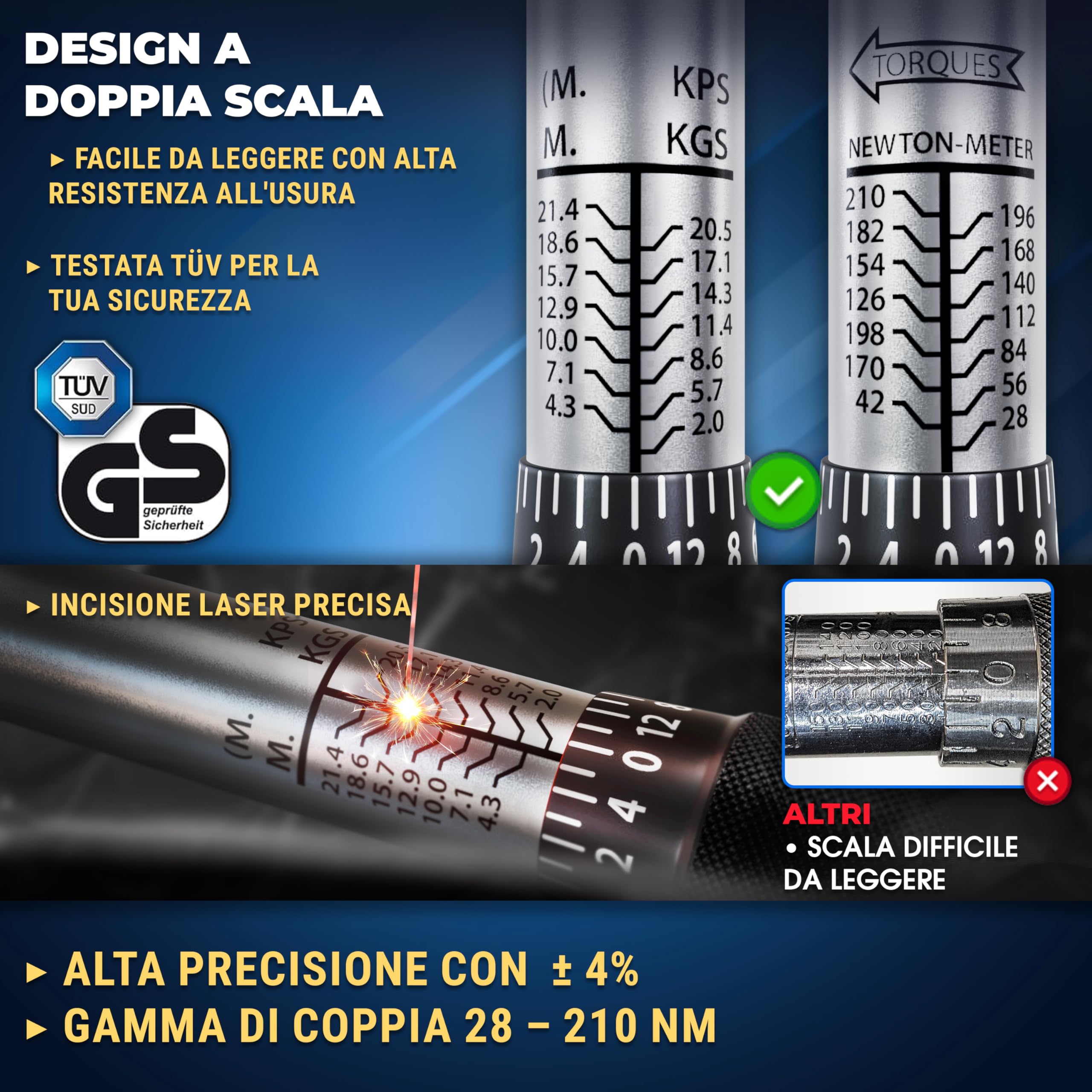 S&R Chiave Dinamometrica Auto 1/2. Set Chiave Dinamometrica Moto Professionale 28-210 Nm con Prolunga e Bussole da 17, 19, 21mm. Torque Wrench 47.5 cm. Custodia Pratica e Robusta.