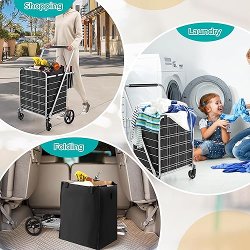 Miniatura 7 de COSTWAY Jumbo Deluxe Carrito de compras plegable, carrito de comestibles plegable con ruedas con forro de tela Oxford, cestas dobles, soporta hasta