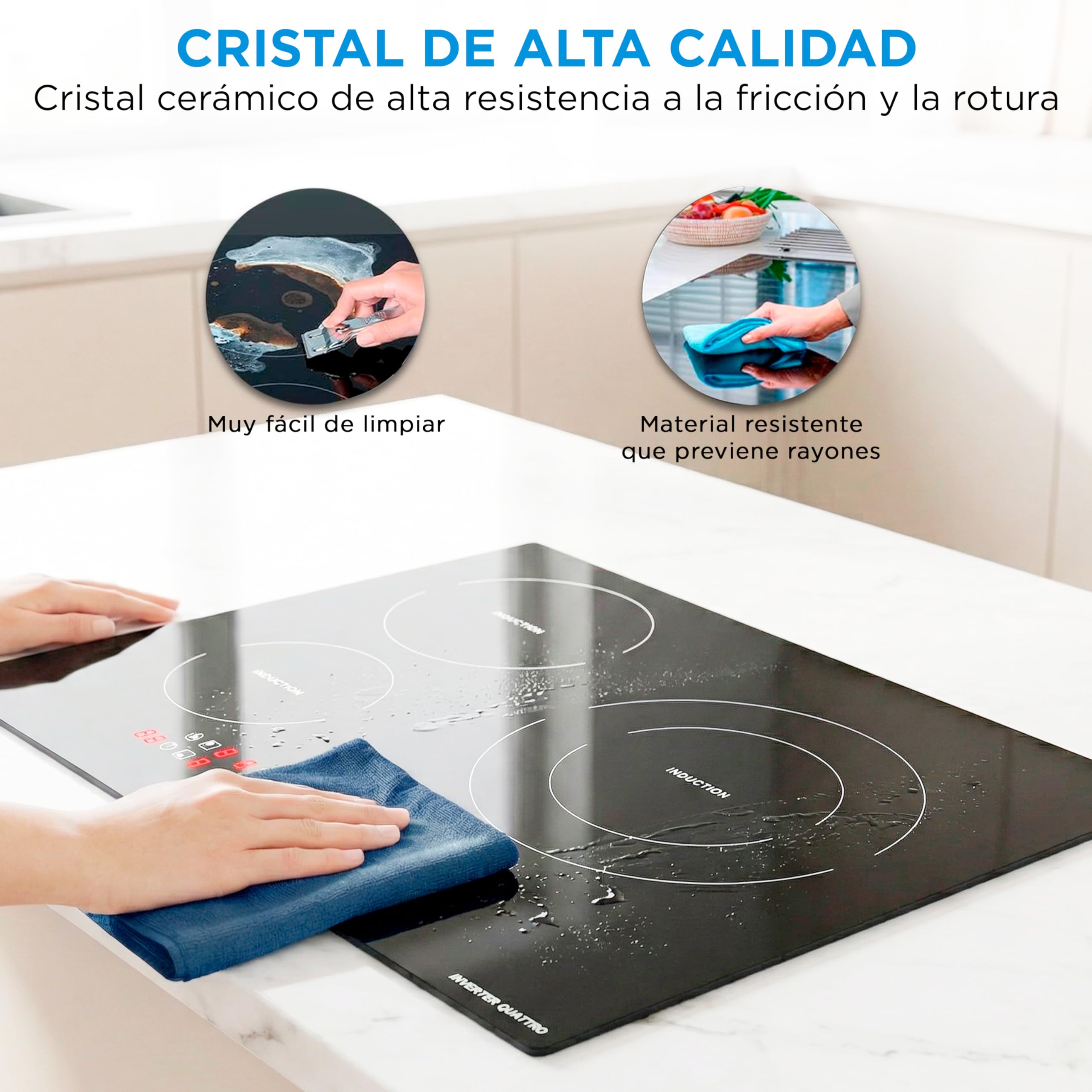 MIDEA Placa Inducción 3 fuegos 60 cm 7200 W - Vitroceramica Induccion Integrada con Panel de control tactil, Inverter quattro, 9 Niveles de Potencia, Booster, Indicador de Luz, y Temporizador.