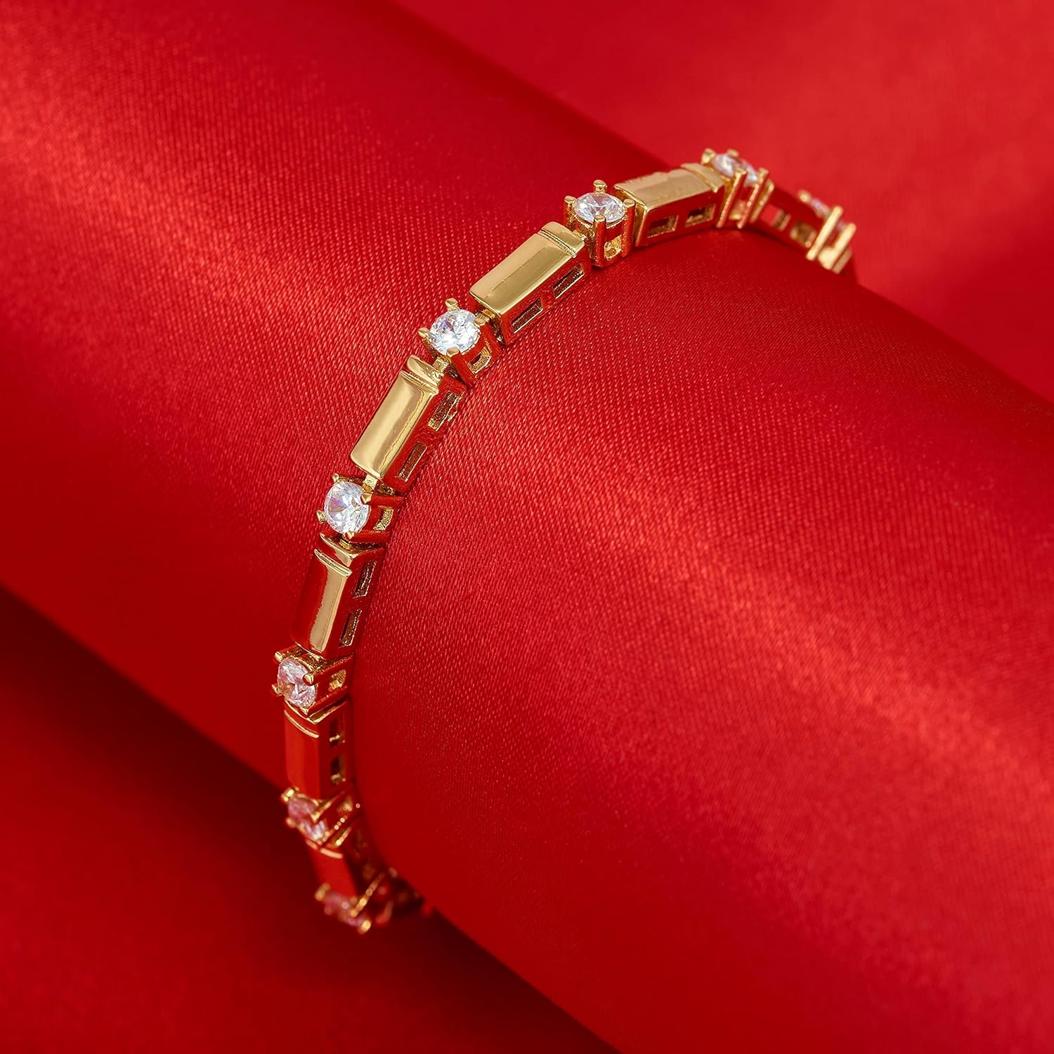 LIFETIME JEWELRY 24k Gold Plated 3.5mm Bar Single Stone White Cubic Zirconia Diamond Classic Tennis Bracelet for Women | Gold Bracelets for Women | Size 7-8 Inch