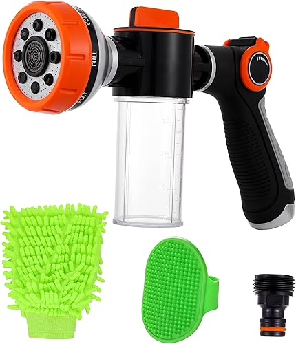 Pup Jet - Manguera de lavado para perros, 8 patrones de alta presión, rociador de jabón para manguera de jardín con botella dispensadora de jabón