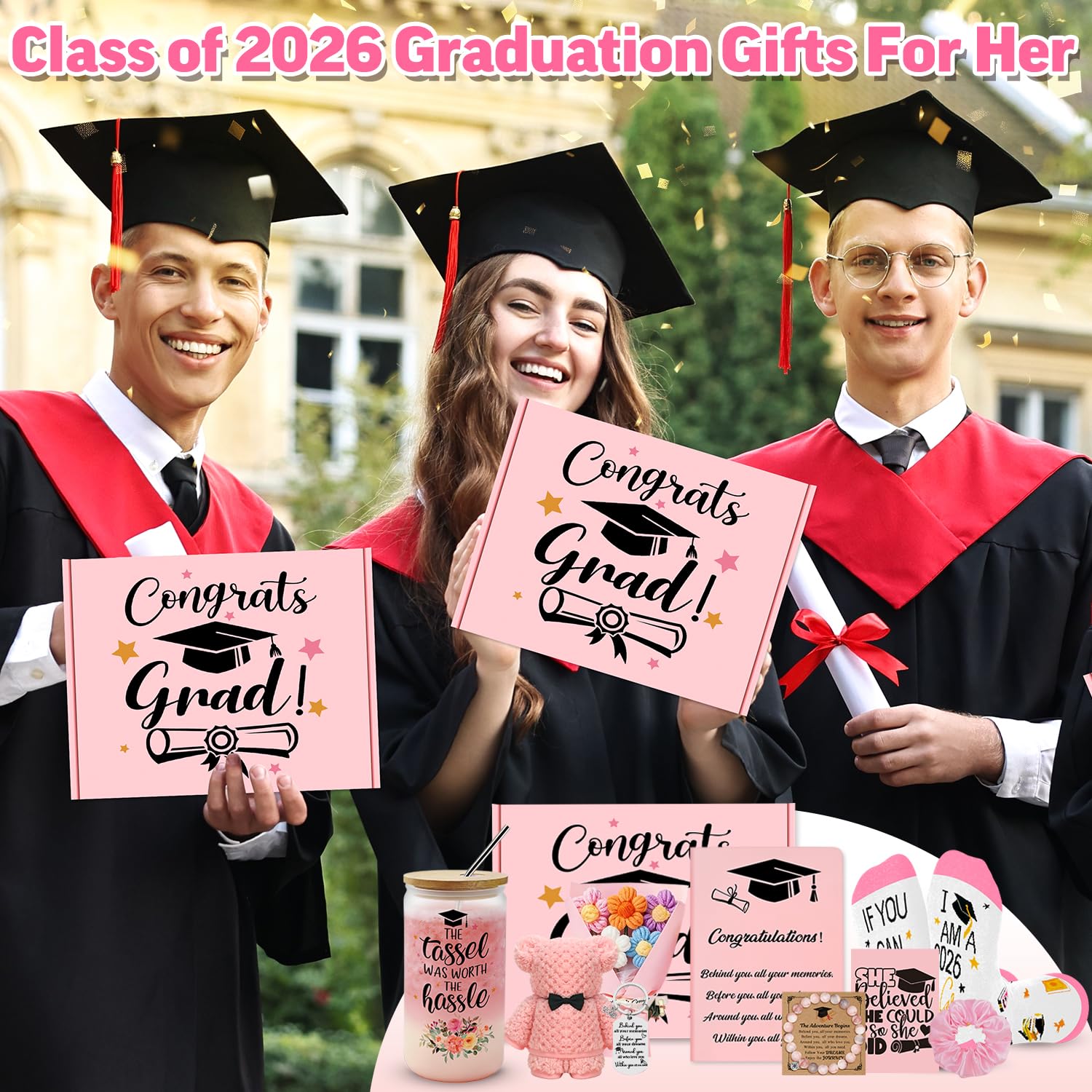 12 Pieces 2026 Graduation Gift Box Set, Class of 2026 Graduation Gift Basket with 16 Oz Glass, Socks, Bear Towel, Journal Notebook, Makeup Bag, Bracelet, Keychain for High School College Gifts