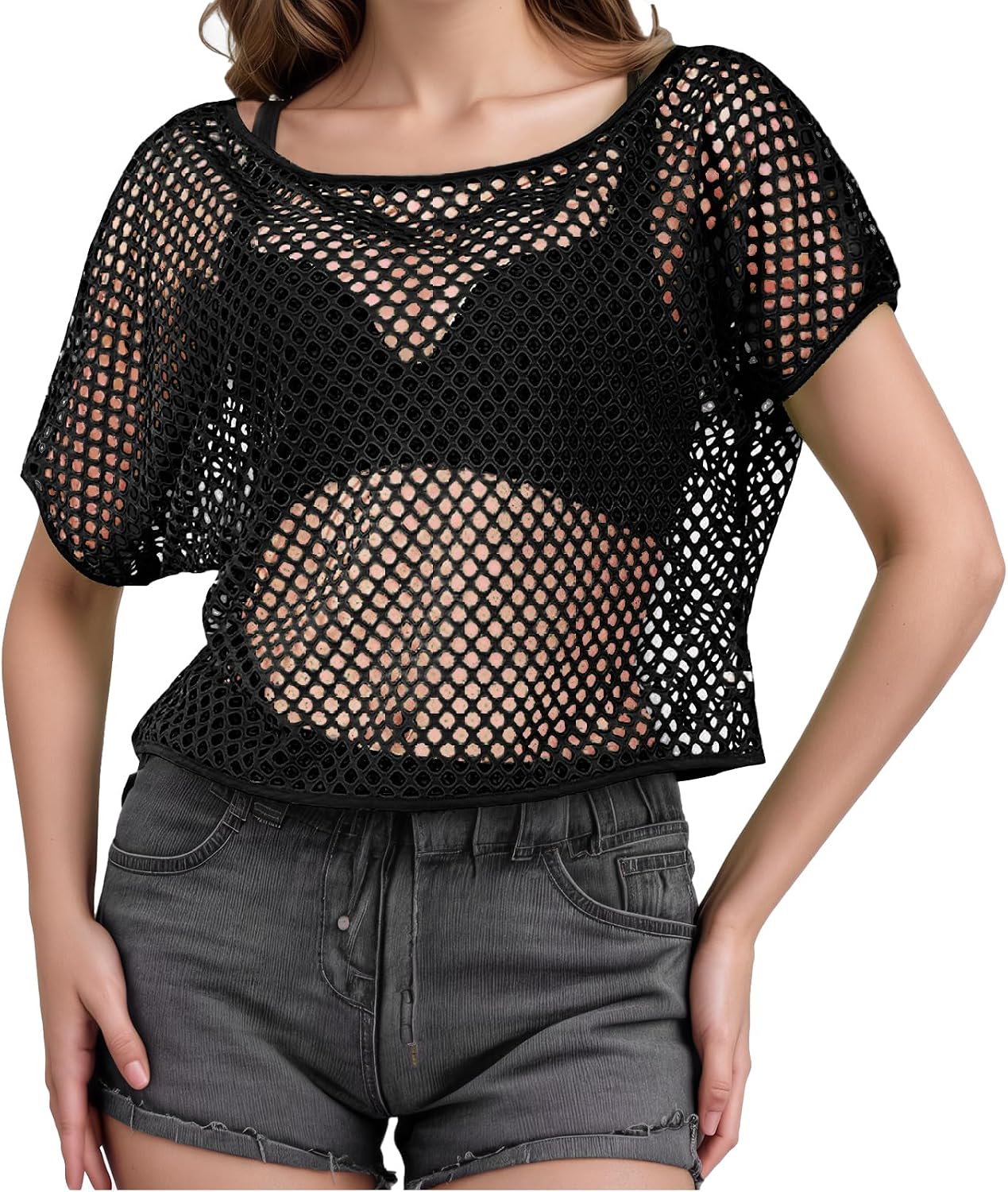 80s Neon Shirts for Women, Fishnet Top, Casual Neon Clothes, Off-Shoulder T-Shirt, Suitable for Masquerade Disco Party