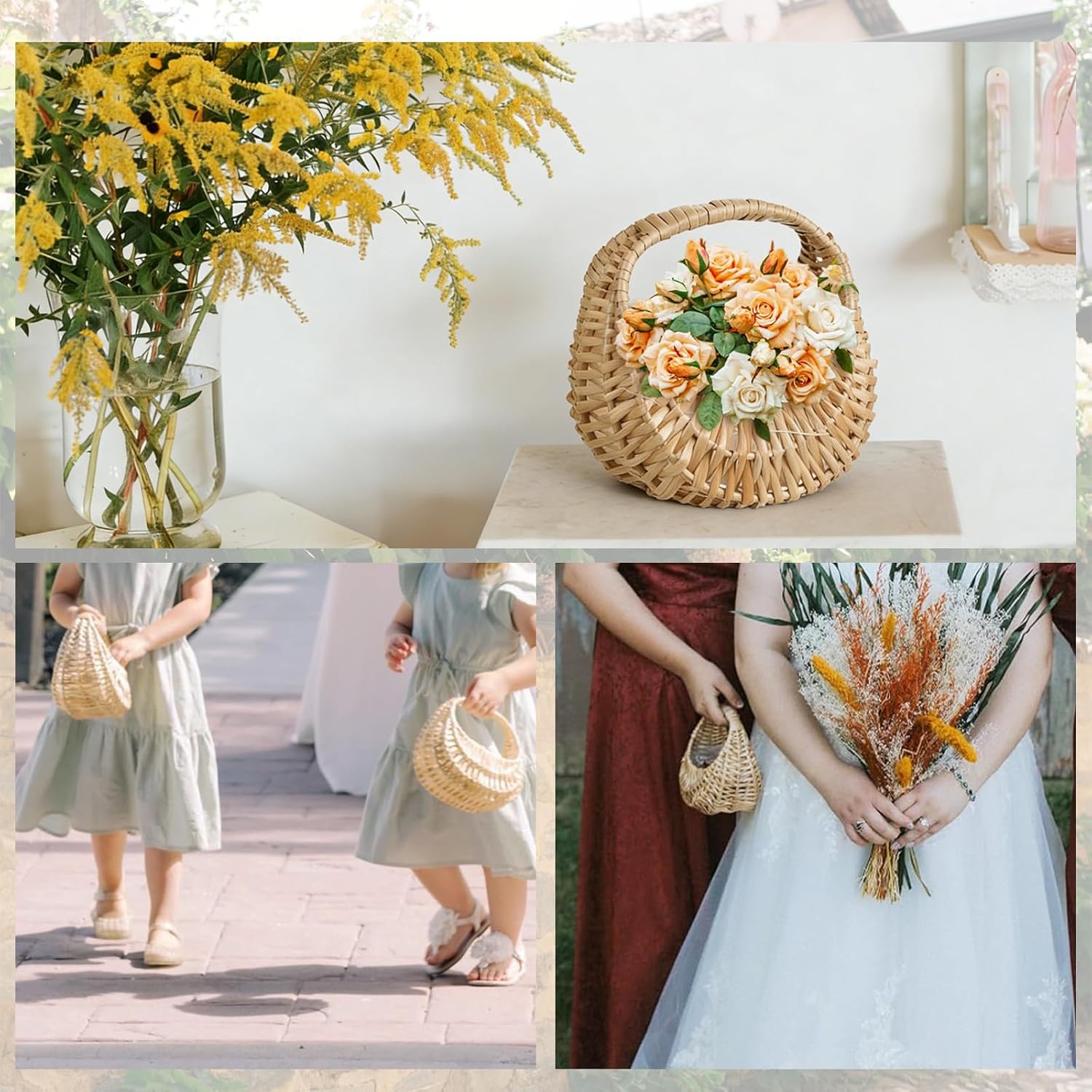 3 Pack Flower Girl Baskets Small Half Moon Wicker Basket with Handle Rattan Basket with Plastic Lining for Wedding, Picnic, Garden, Home Decor