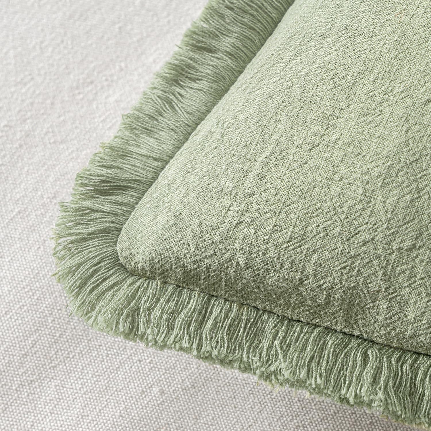 MIULEE Decorative Throw Pillow Covers Neutral Linen Fringe Throw Pillows Set of 2 Sage Green Boho Farmhouse Cushion Covers with Tassels for Couch Sofa Bed Living Room Spring Home Decor 20x20 Inch - Image 3