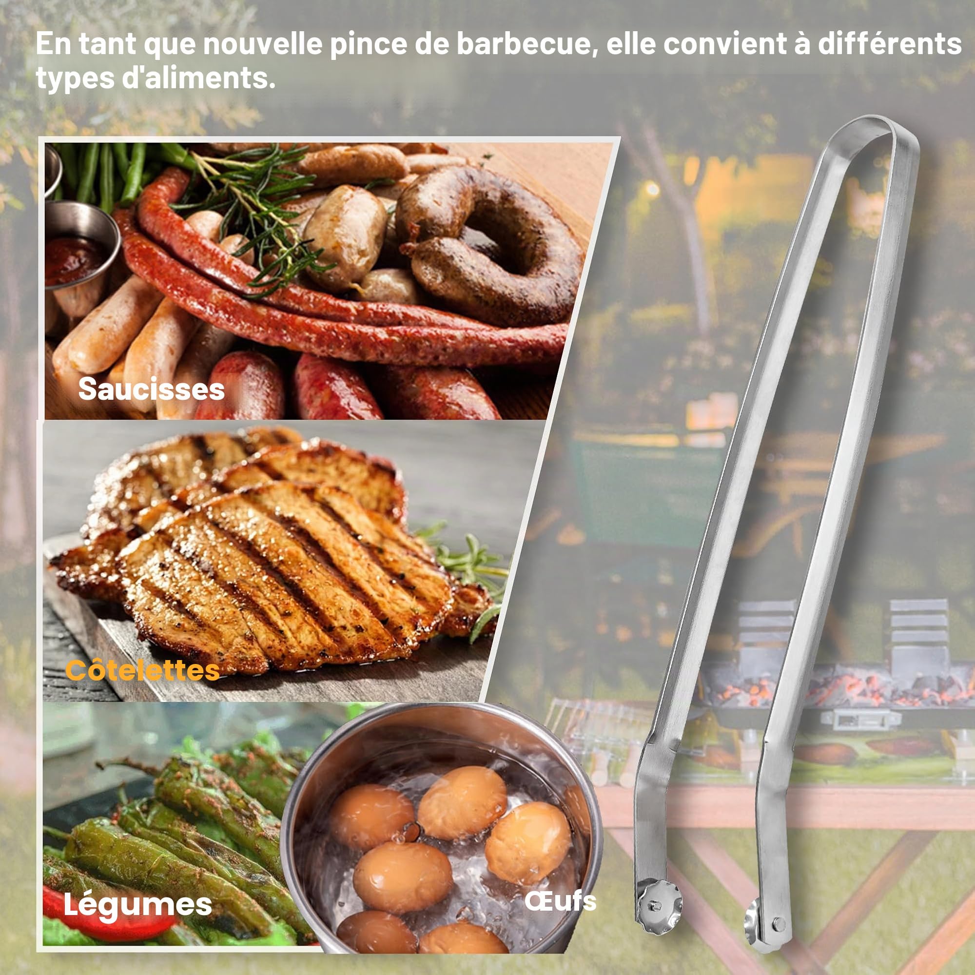 Pince Barbecue INOX à Roulette - 40 cm - Ustensile Professionnel pour Griller, Cuisson et Buffet Extérieur - Idéale pour Saucisses, Viande, Salade et Fruits