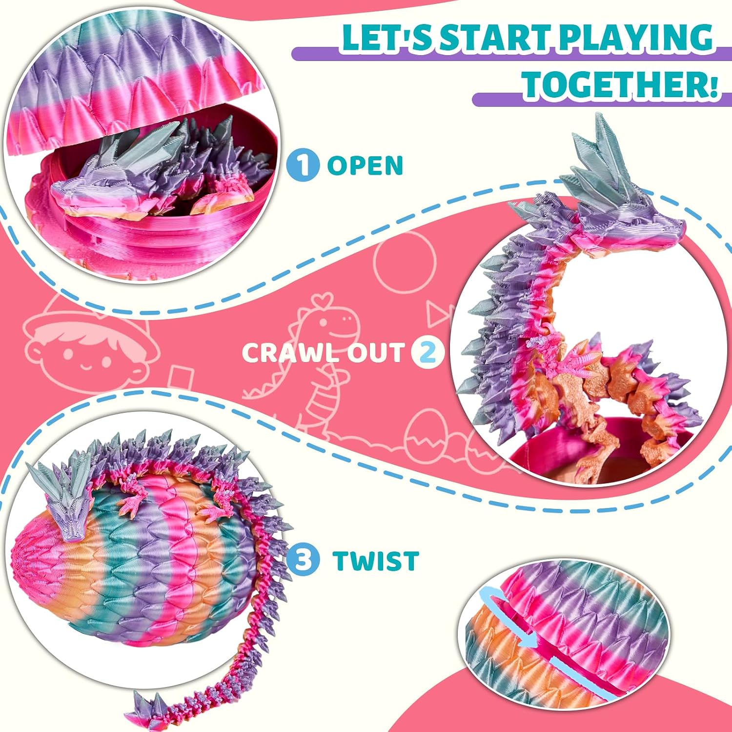 Cessfle 12" Prefilled Easter Eggs with 3D Printed Dragons Inside, 3D Printer Articulated Crystal Fidget Toy,Easter Basket Stuffers for 5-7 4-6 8-12 Year Old Boys Kid Teen Girls Adult