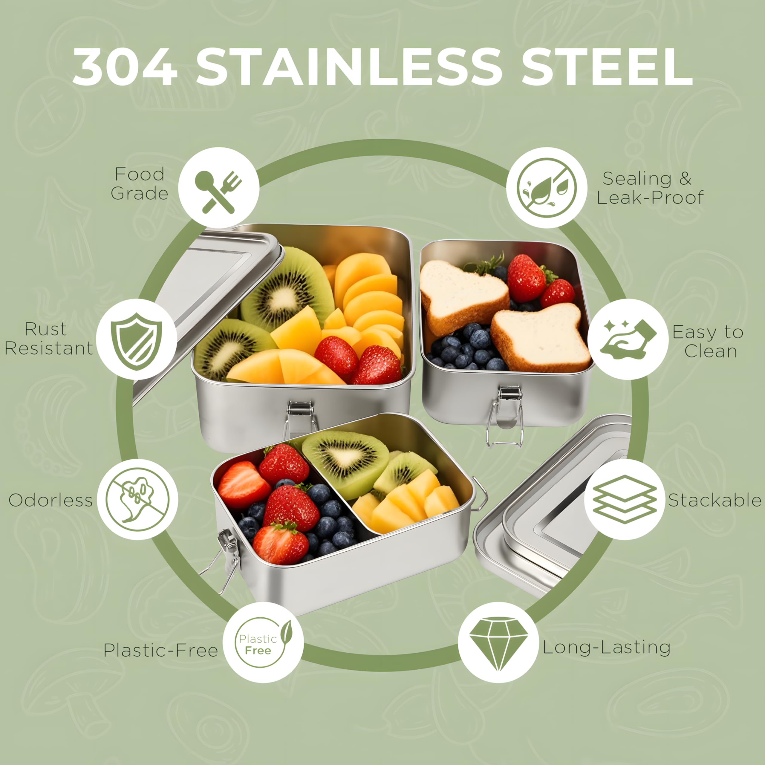 Mazsiwed 304 Stainless Steel Bento Box,3 Pack Stainless Steel Containers With Lids 2400/1400/850ml,Leak-Proof & Stackable Metal Lunch Box Food Storage Containers for Work Work,Picnic