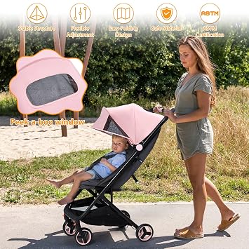 Lightweight Baby Stroller, Compact One-Hand Fold Travel Stroller Airplane Friendly, Reclining Infant Stroller with 5-Point Harness & Adjustable Canopy, All-Terrain Stroller for Toddlers 6-36 Months