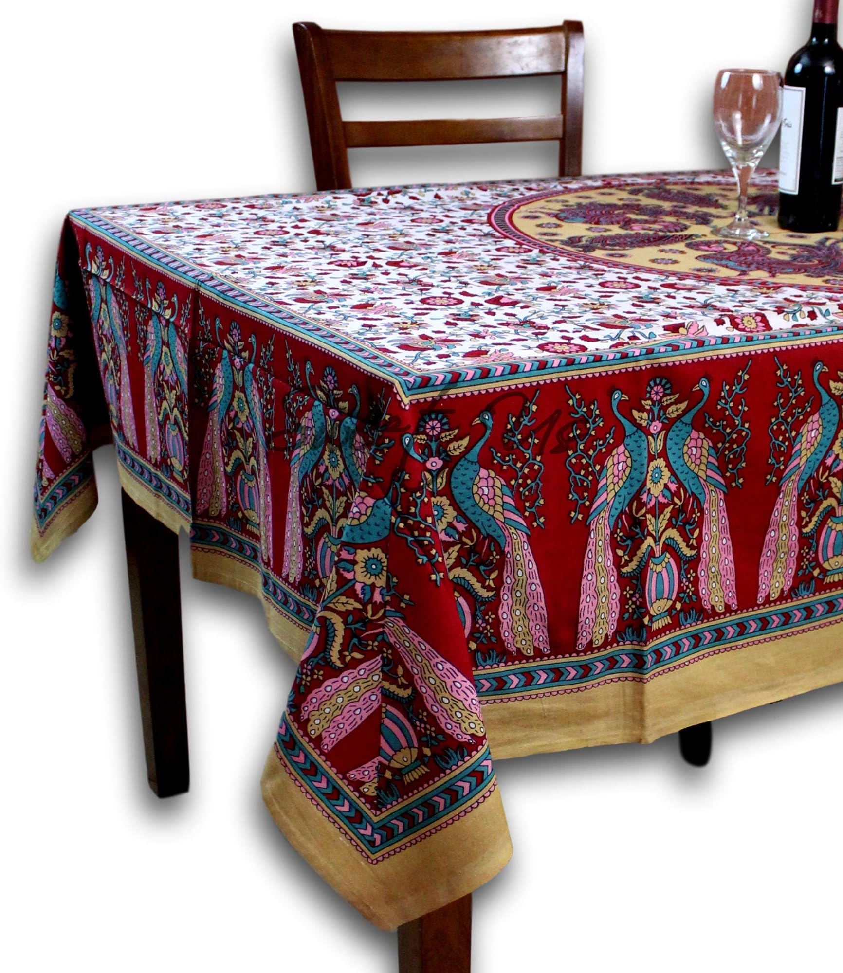India Arts Cotton Floral Peacock Mandala Tablecloth for Square and Rectangle Tables Red Tapestry Wall Hanging Thin Bedspread Beach Sheet Dorm Decor 87x90 inches