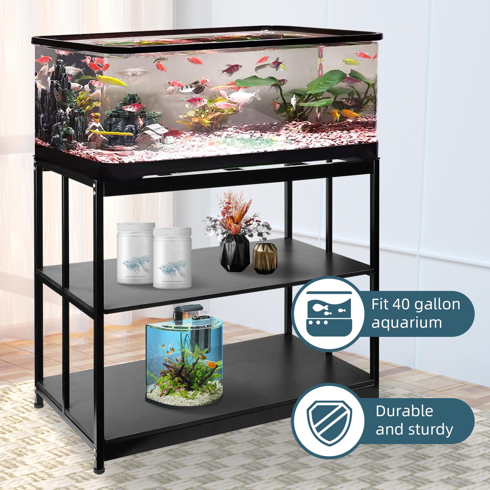 Cskunxia 40 Gallon Fish Tank Stand Aquarium Stand with 2 Shelves Metal Aquarium Stand for 40 Gallon Long Aquarium Landscape Fish Tank Ocean Reptile Tank (36.5" x 18.5" x 29")