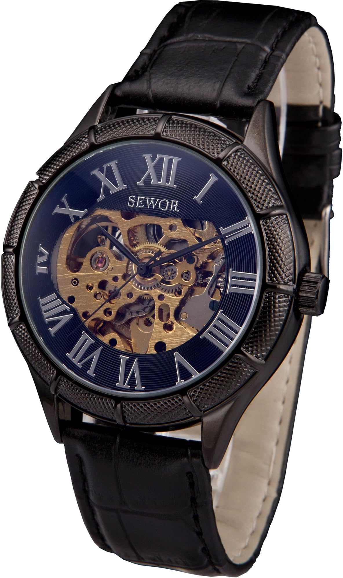 SEWOR Blue Hollow Skeleton Transparent Mechanical Wrist Watch