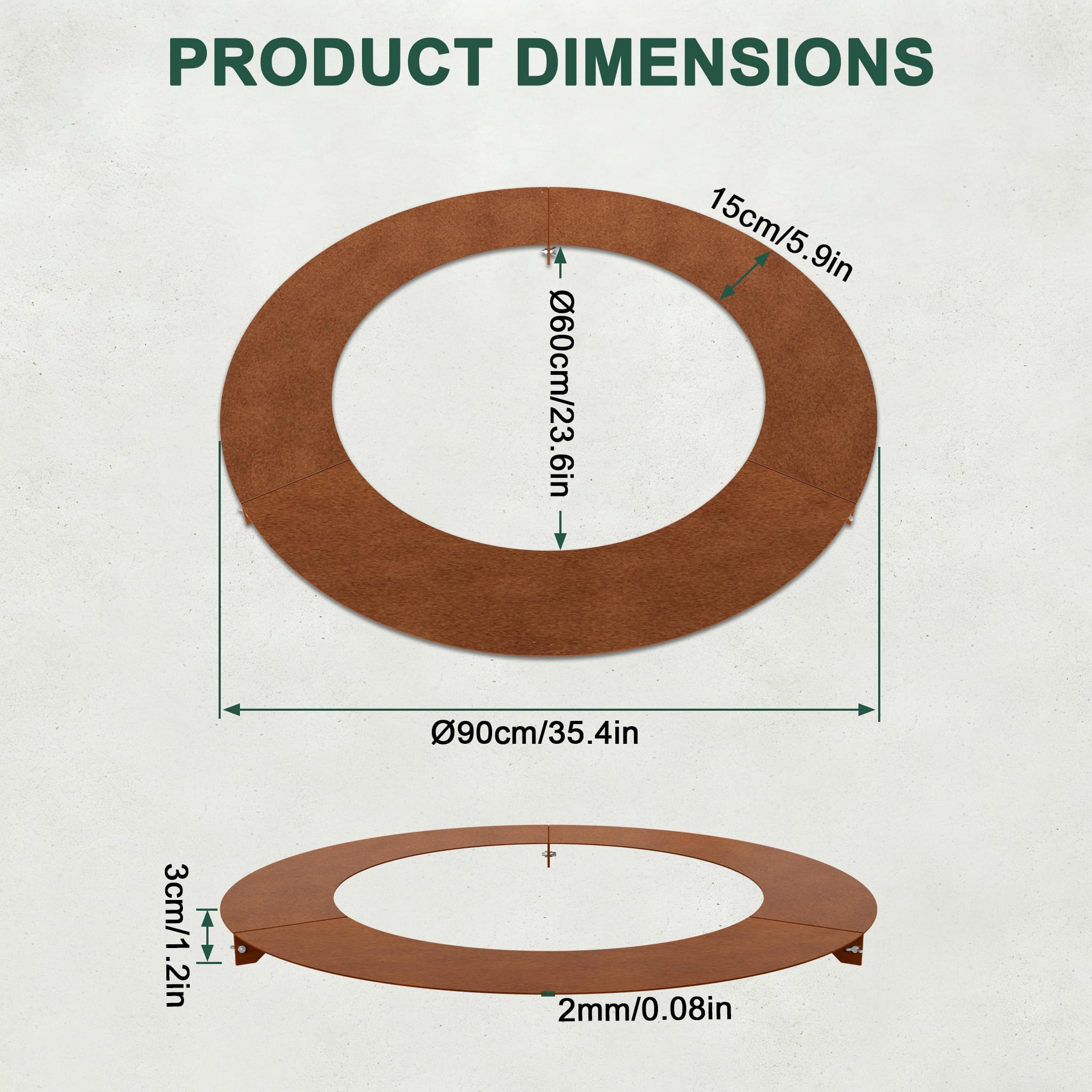 UISEBRT Anneau plat - Bordure de pelouse - En acier Corten résistant aux intempéries - Bord de tonte pour arbres et arbustes - Protection des racines - Diamètre : 60/90 cm