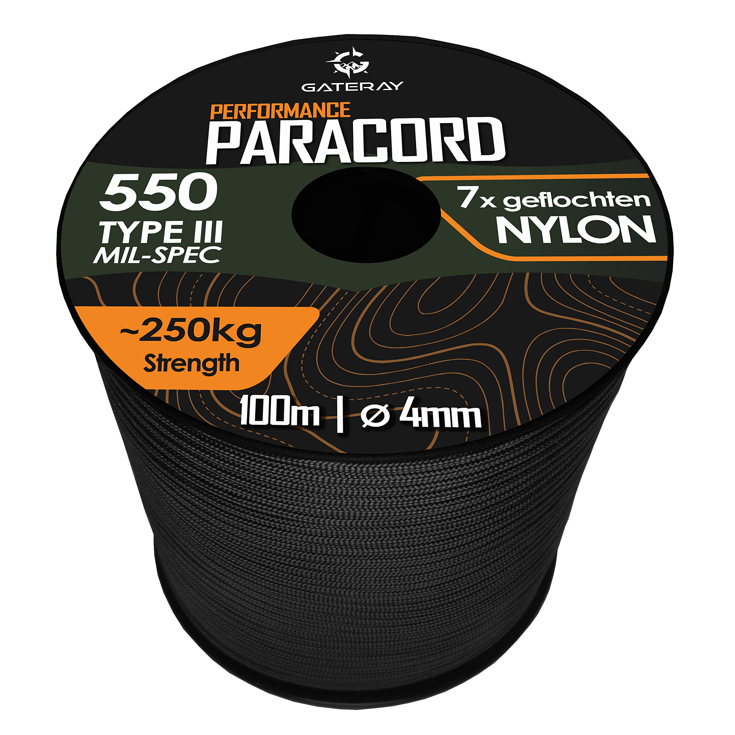 Performance Paracord 550 4mm Nylonschnur - 100 Meter Allzweck-Seil aus Nylon für Camping - Outdoor & Survival (Schwarz, 100m)