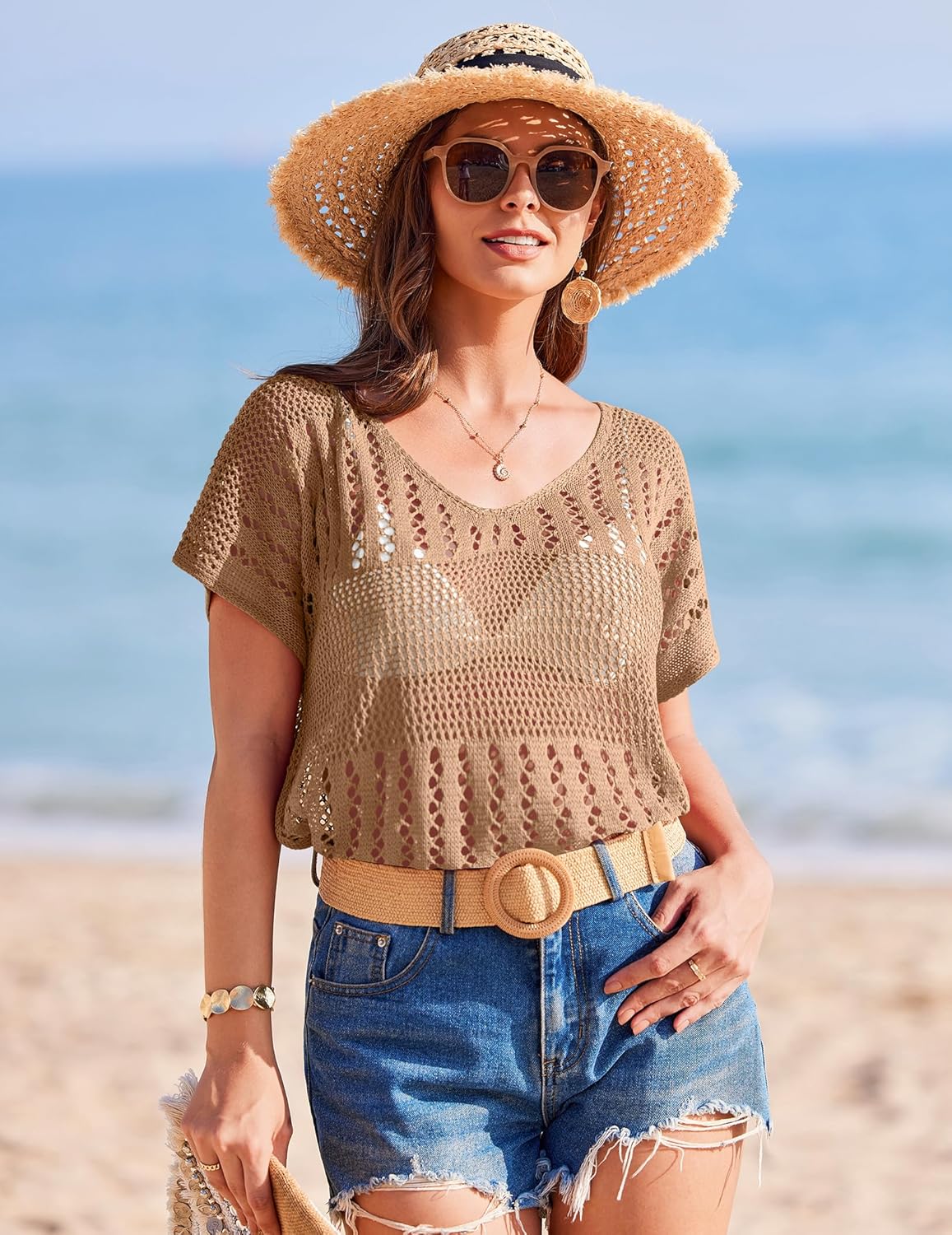 AI'MAGE Women Swimsuit Crochet Cover Up Hollow Out Bathing Suit Coverup 2025 V Neck Swimwear Side Split Beach Dress S-XXL - Image 4