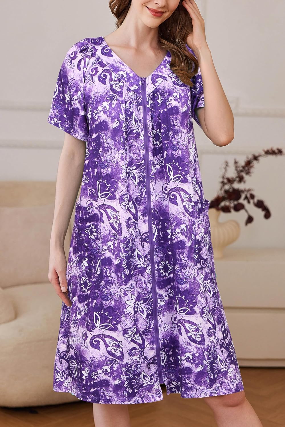 Ekouaer Women Robe Zipper Front Mumu Duster Robes Zip Up Housecoat Soft Sleepwear with Pockets - Image 4