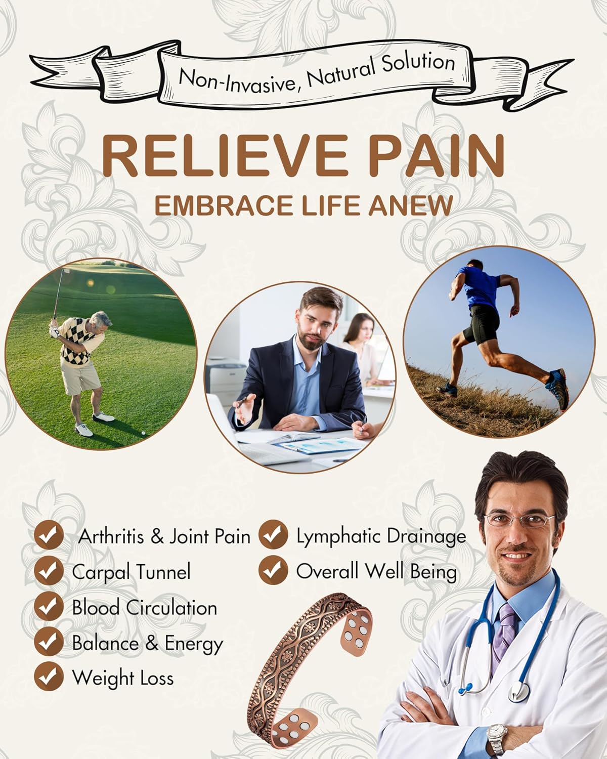 Feraco Pure Copper Bracelet for Men Women, Ultra Strength Magnetic Cuff Bangle for Men Women with 3500 Gauss Neodymium Magnets, 99.99% Copper Life Tree Jewelry, Adjustable - Image 4