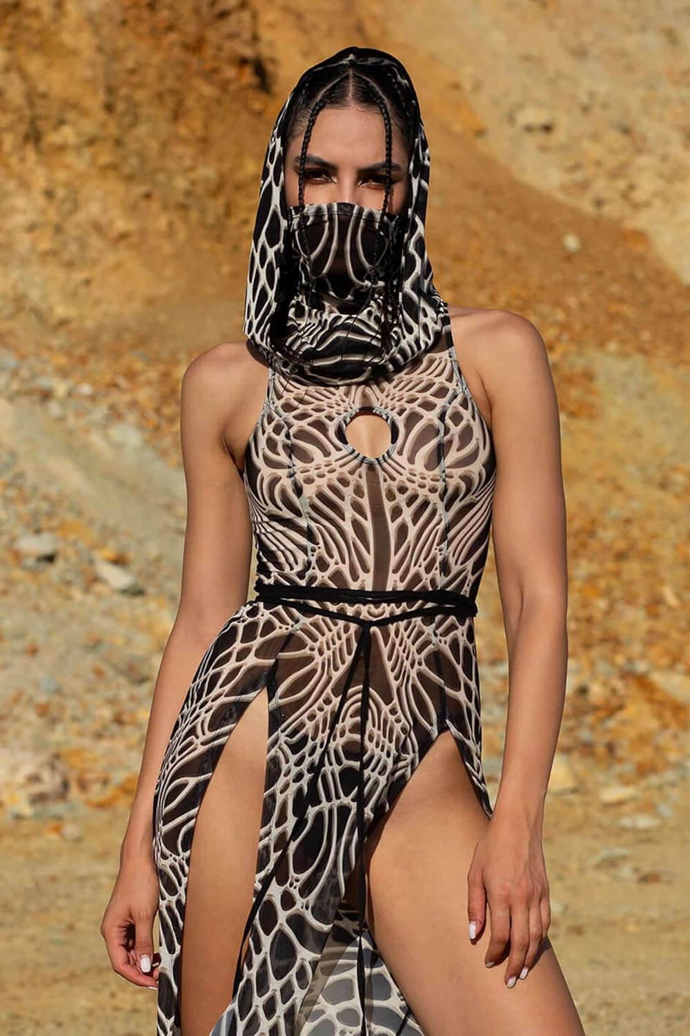 Women's Desert Warrior Mesh Costume Set – Cyber Print Bodysuit with Split Skirt and Face Hood for Festival & Rave