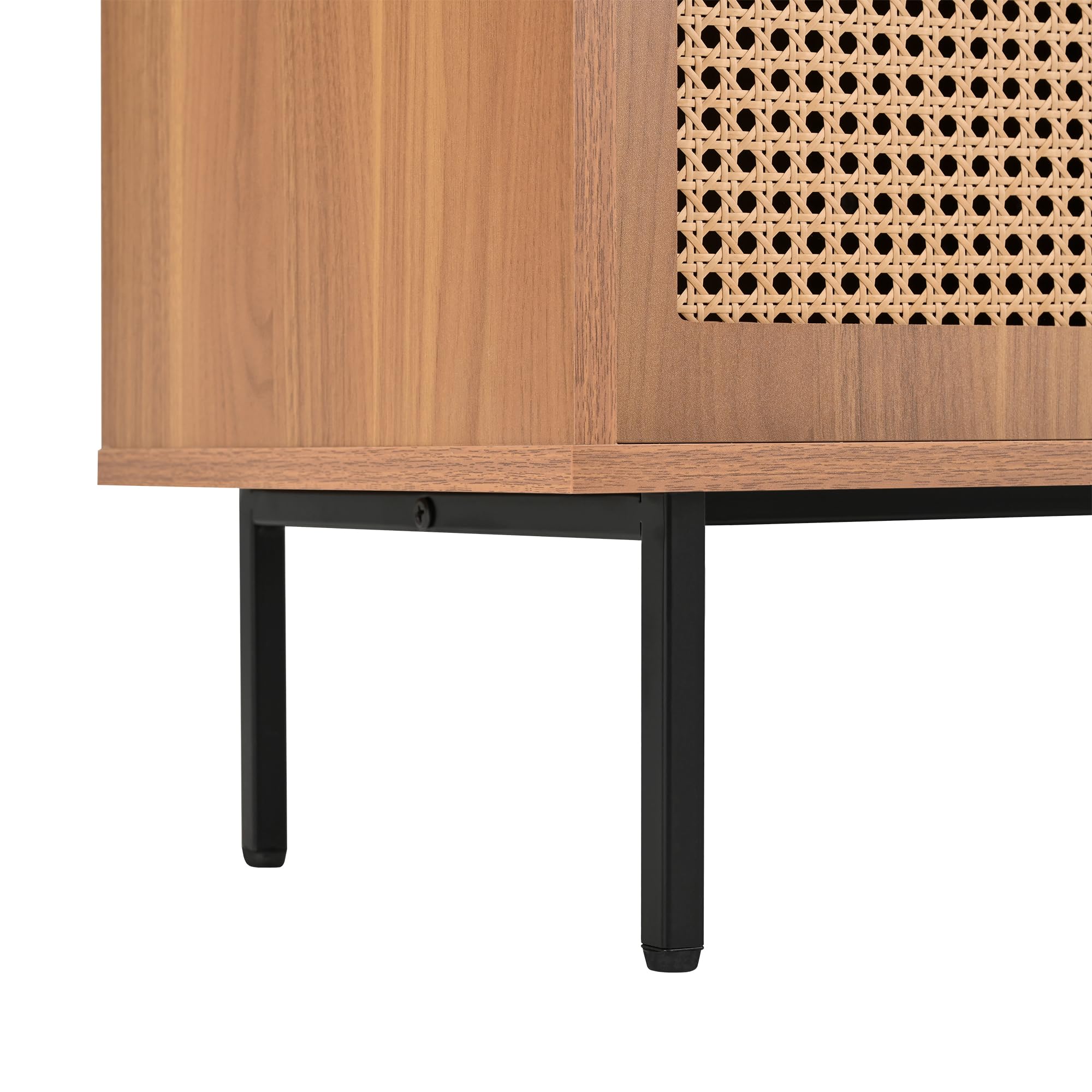 HAINEW Komoda, kredens z 2 rattanowymi drzwiami przesuwnymi i 3 szufladami do sypialni, salonu, 140 x 37 x 91 cm, szafka do przechowywania z regulowanymi półkami, kolor naturalny