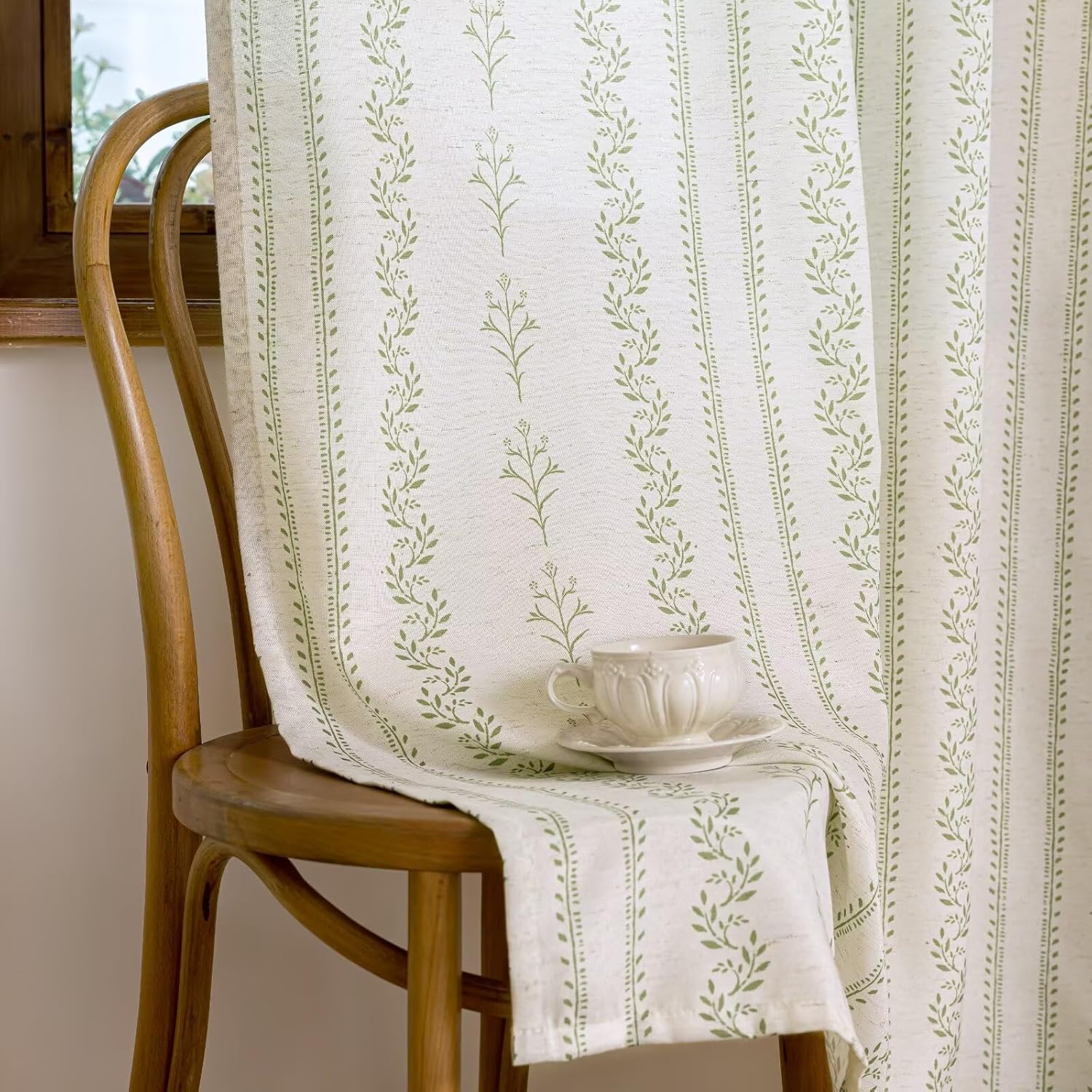 BGment Sage Green Floral Curtains 84 Inch Long, Light Filtering Linen Curtains with Botanical Leaf Print for Living Room Cottage Core Farmhouse Rustic, 2 Panels Set, 52 x 84 Inch