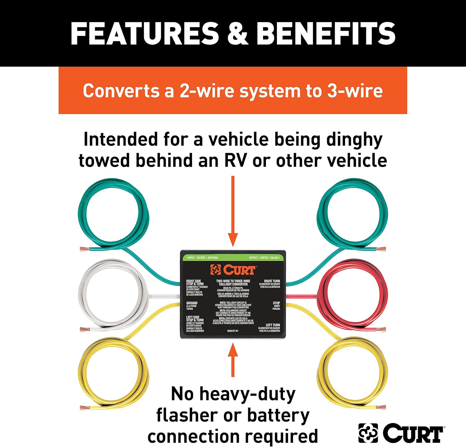 CURT 56196 2-to-3-Wire Splice-in Trailer Tail Light Converter for RV Dinghy Towing