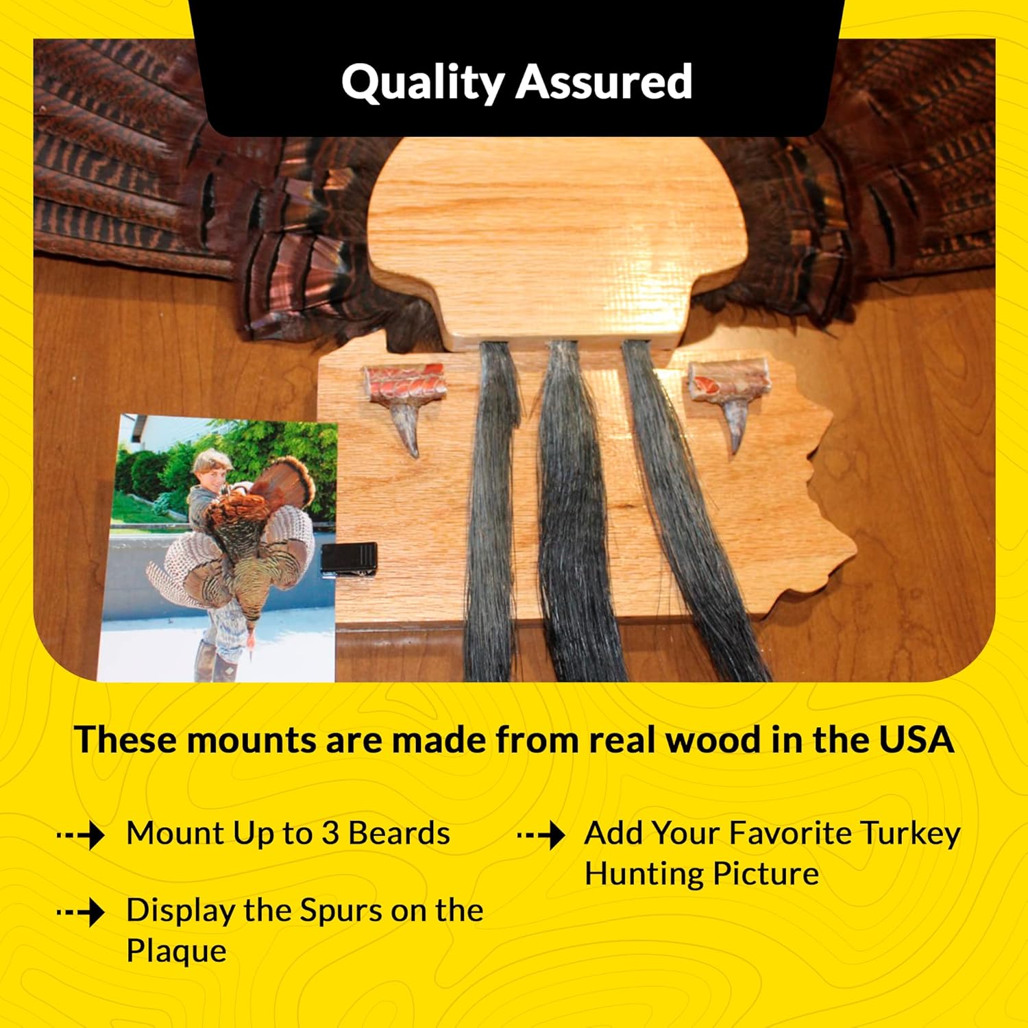 Esh Turkey Fan Mount Kit - Customized State Turkey Tail Mounting Plaque - Natural Oak Wood - Standard
