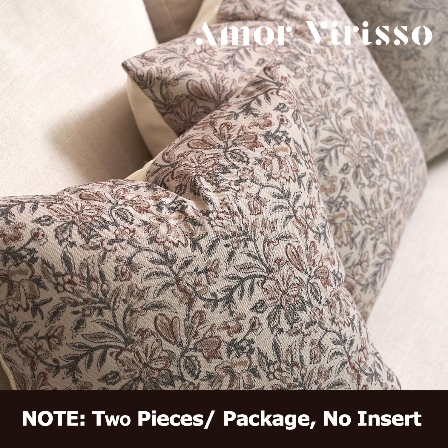 Amor Virisso Floral Throw Pillow Covers 18x18 Set of 2 Couch Pillows for Living Room Farmhouse Vintage Block Print Pillow Covers Decorative Pillow Covers Accent Sofa Pillows, Green/Sand