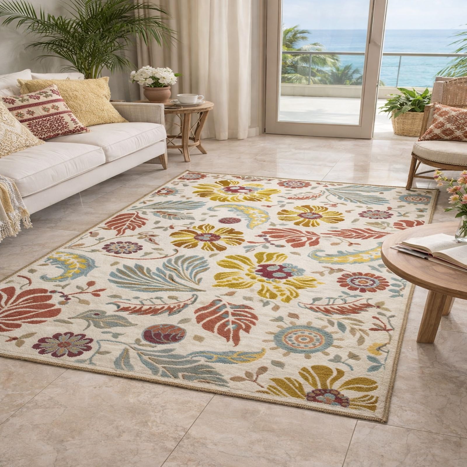 Tapis pour chambre à coucher et salle à manger moderne à motif floral beige 150x150 cm