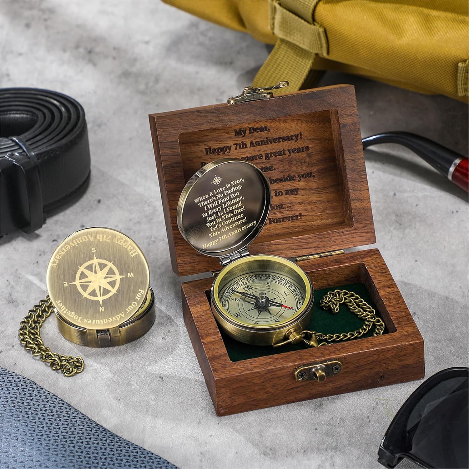Relaxweex Anniversary Copper Gift for Him Her Engraving Quote Compass with Black Walnut Box Wedding Engagement Copper Keepsake Gifts for Men Women Husband Wife Couples