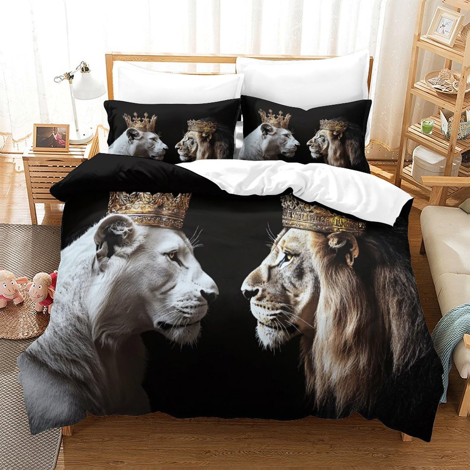 3D Bedruckte Königslöwen-Pärchen Bettbezug Mikrofaser Schlafzimmer Deko Löwen Bettwäsche Set Hautfreundlich Atmungsaktiv für Erwachsene Jugendliche Super King（260x220cm）