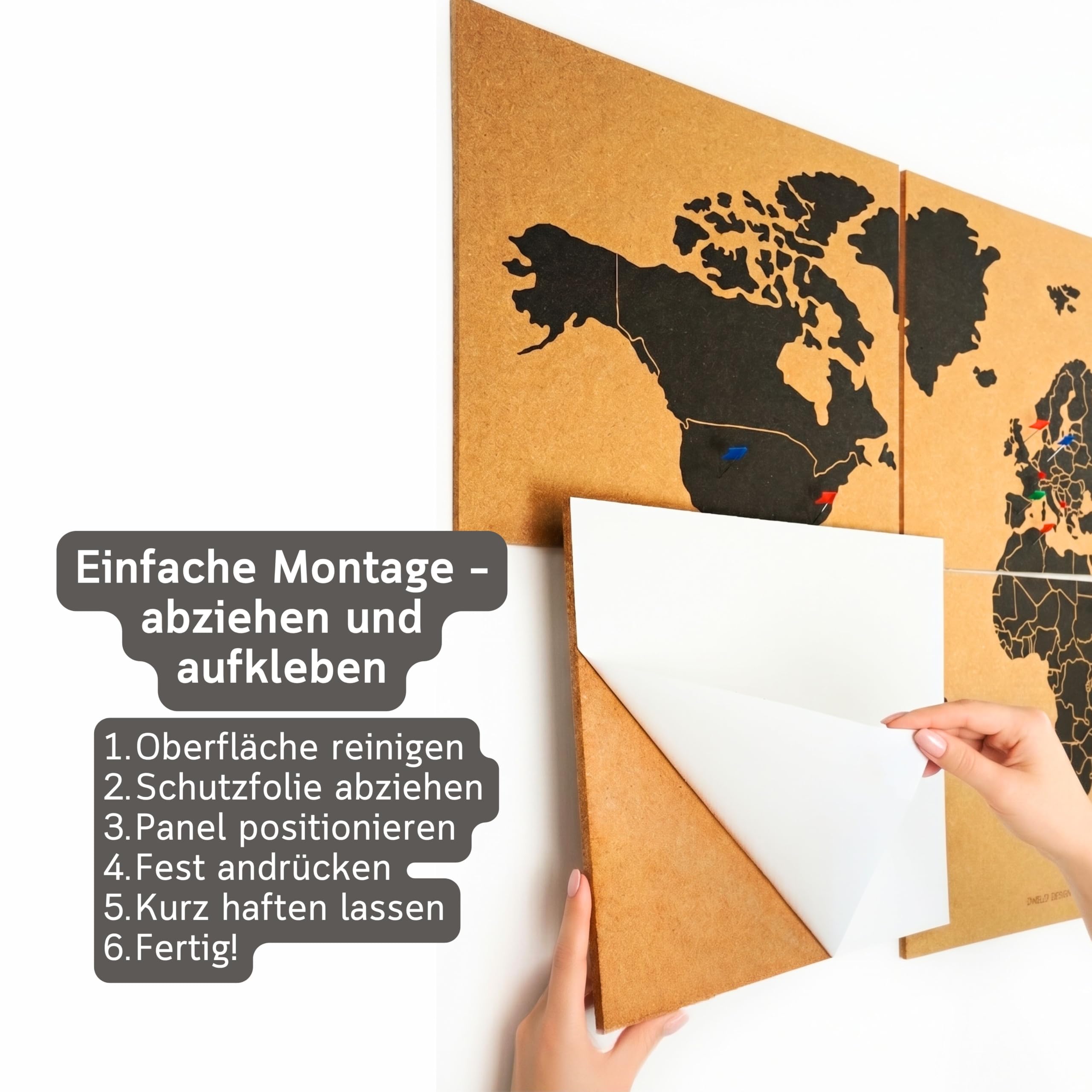 Weltkarte Pinnwand Kork XXL 120x60 cm – 6 Selbstklebende Paneele – Weltkarte zum Pinnen mit Pins – Korkplatte Wanddeko – 60 Pinnadeln Inklusive