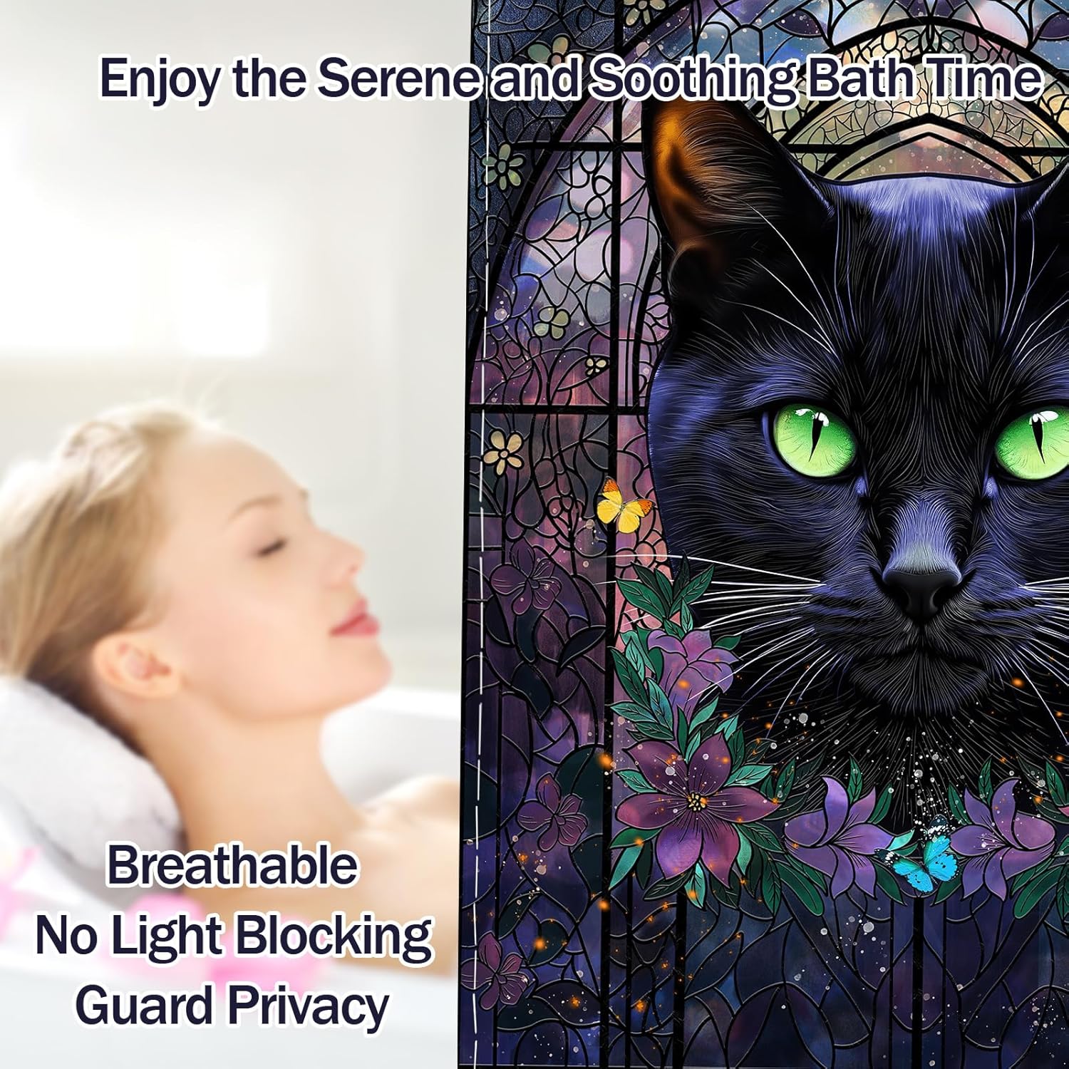 Black Cat Shower Curtain, Mystic Gothic Halloween Witchy Shower Curtains for Bathroom Decor, Waterproof Fabric with Hooks, 70" W x 84" L