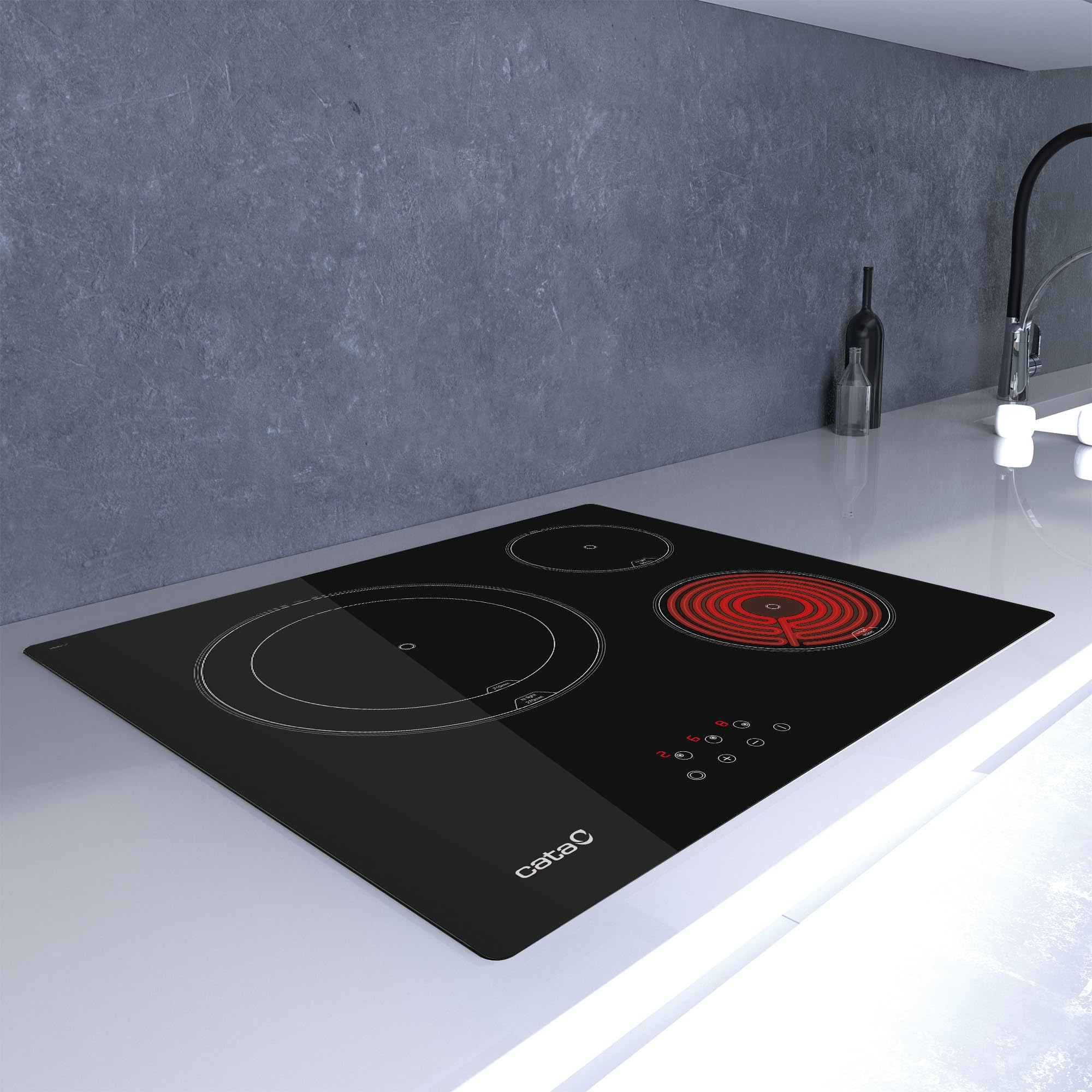 Cata Placa Vitrocerámica TD 6003 BK/A, 3 Zonas de Cocción, High Ligh,t Ancho de 59 cm, 9 Niveles de Potencia Regulables, Control Táctil con Avisador acústico, Potencia 5,4kW, Color Negro