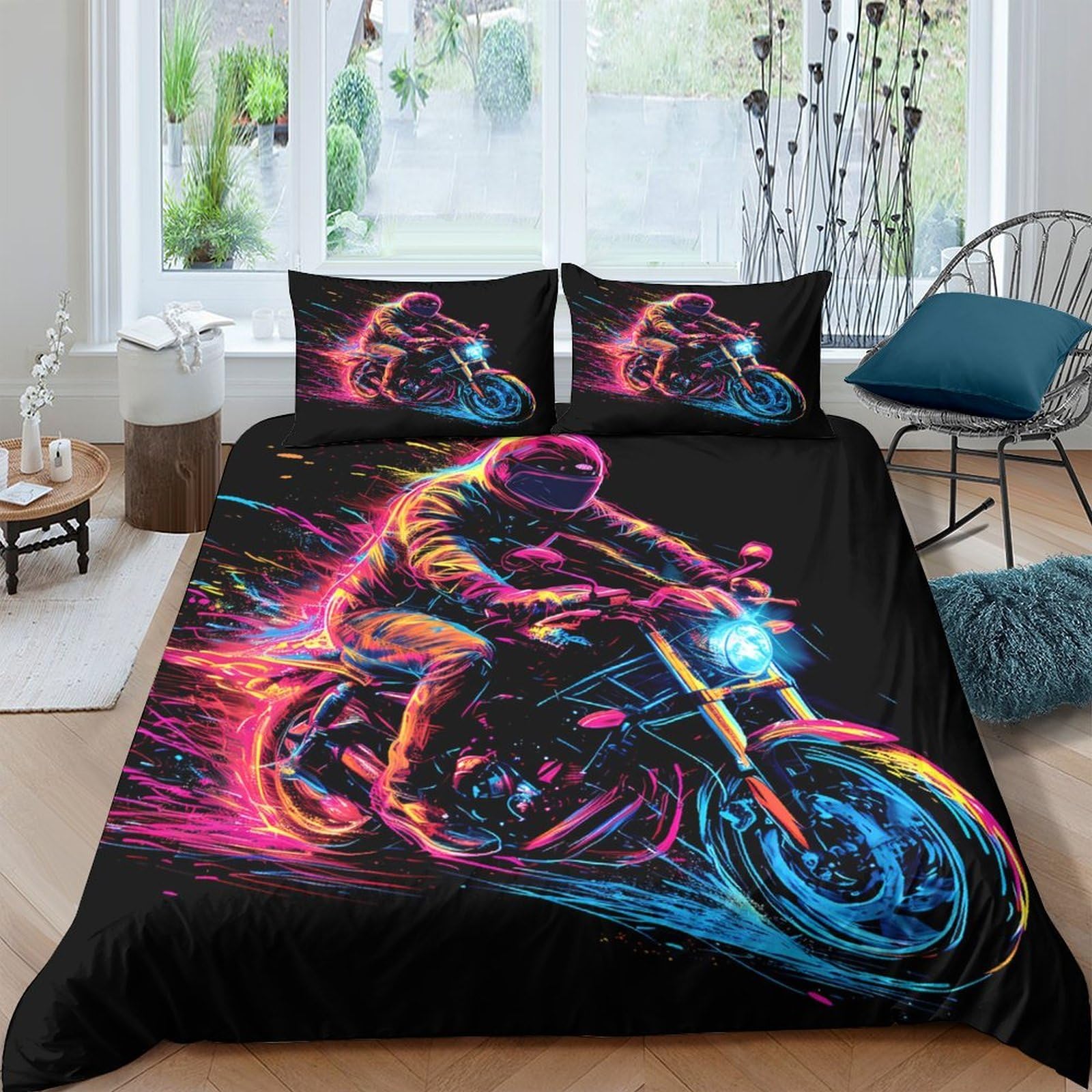 Ctjqhvkz Style-9 3D Printed Neon Motorcycle Fitted Sheet Microfiber Vibrant Decor Bed Cover For Bedroom Guest Room Dust Resistant Single（135X200cm）
