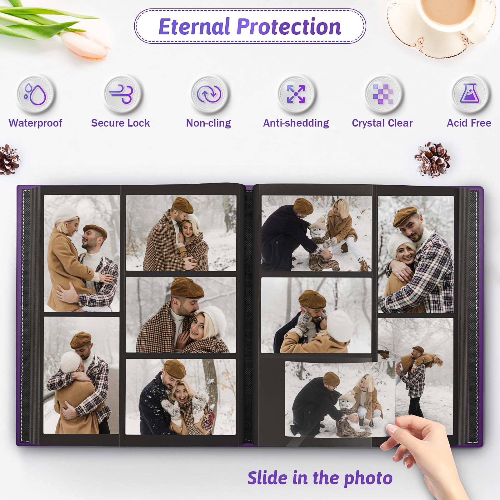 Popotop Fotoalbum, 10,2 x 15,2 cm, 500 Taschen mit Leder-Hardcover-Einband, großes Fotoalbum mit 50 Seiten für Familie, Reisen, Hochzeit, Baby-Geschenke | Kapazität für 500 Fotos, klare Einstecktaschen, großes Sammelformat, Fotofenster, Geschenke für Fami
