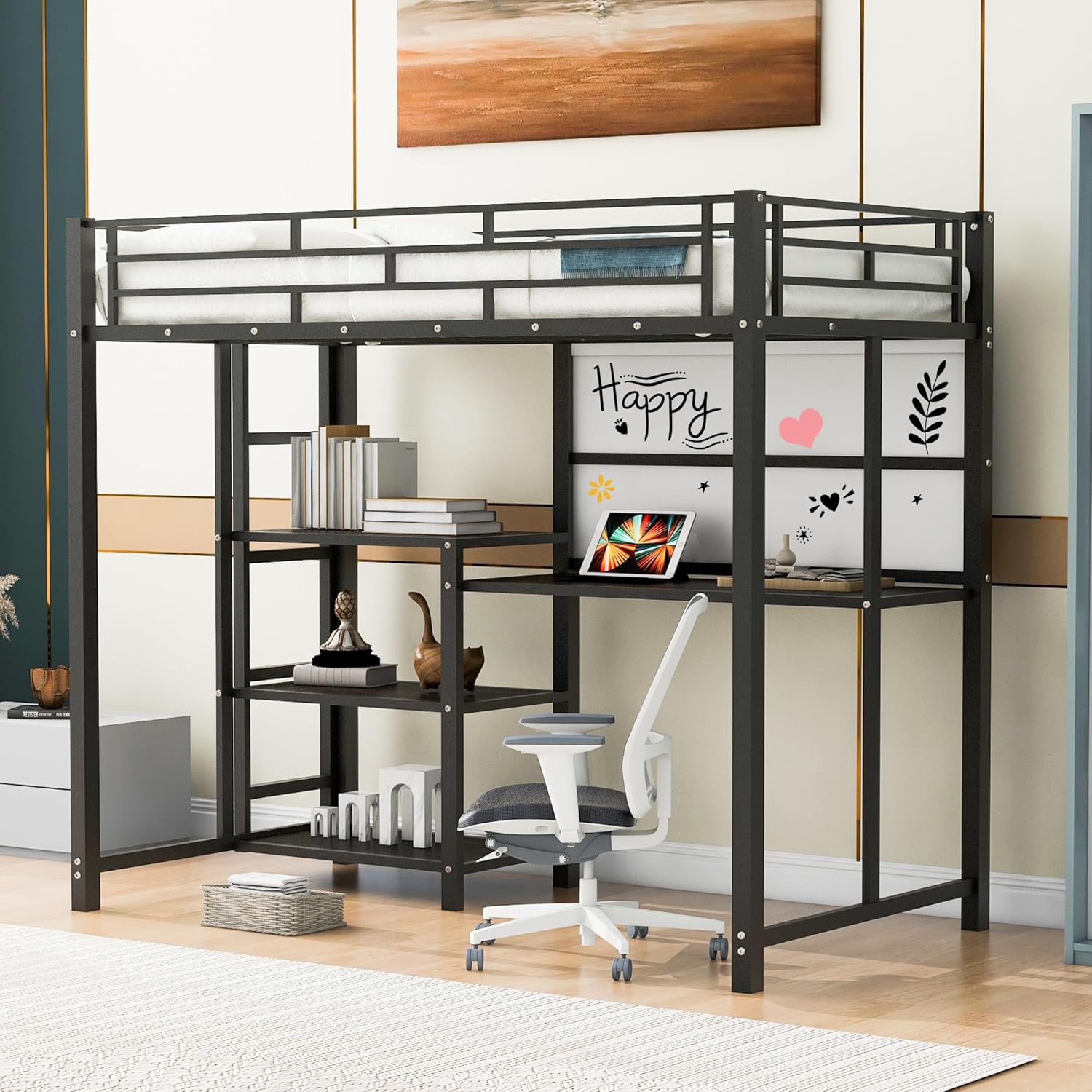 Harper & Bright Designs Twin Size Loft Bed with Desk and Whiteboard, Mental Loft Bed with 3 Shelves and Ladder, Black