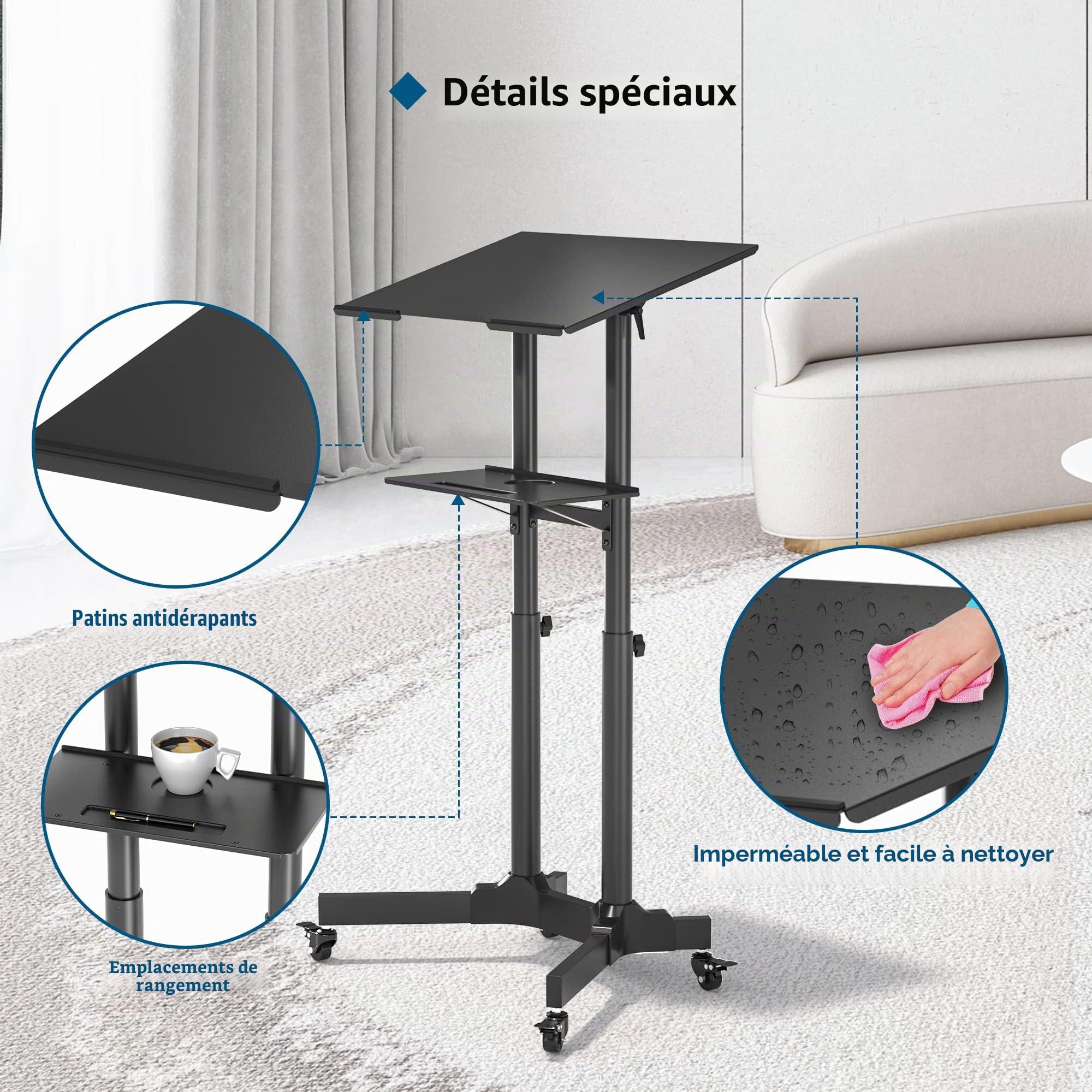 BONTEC Bureau Informatique Réglable en Hauteur, Table Mobile à Roulette, Bureau Ergonomique avec Plateau Incliné, Structure en Acier Robuste, Table d’appoint pour Petit Appartement, 103-125 cm