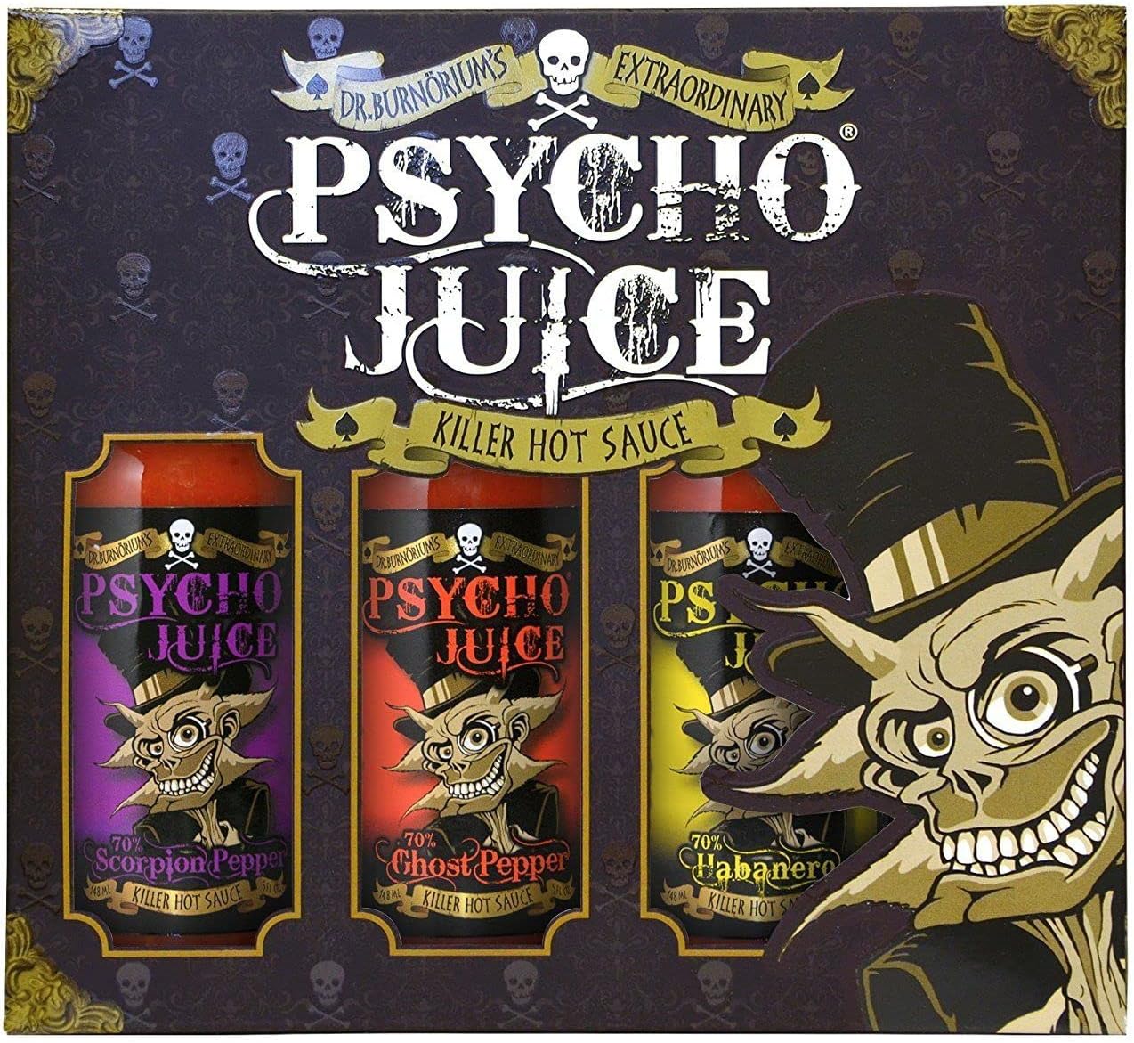 Psycho Juice Hot Sauce Gift Set – 3 x 148ml (70% Scorpion, 70% Ghost Pepper, 70% Habanero) – Very Hot Chilli Sauce Gift Box – Spicy Food Gift for Chilli Lovers
