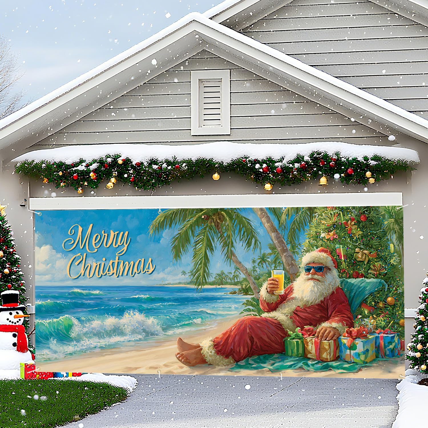 Beach-Themed Merry Christmas Garage Door Banner – Tropical Santa Claus with Palm Trees & Gifts – 1 PC 13 x 6 ft Banner+ 1 PC 16 x 7 ft Banner