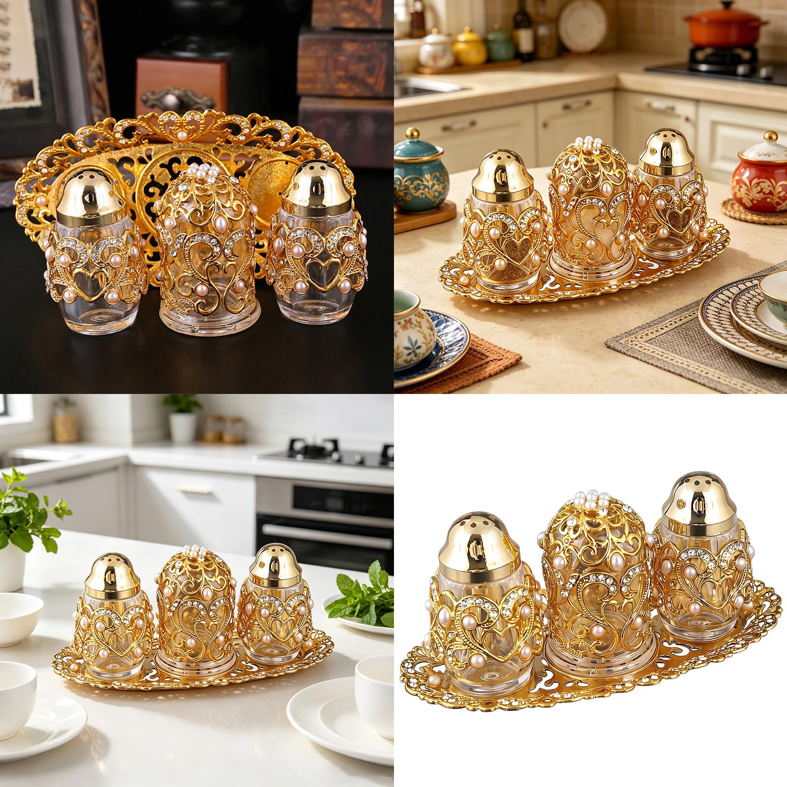 Goldfarbene Gewürzgläser mit klarem Glas und Perlenverzierungen, Gewürzbehälter, goldene ausgehöhlte Gewürzgläser