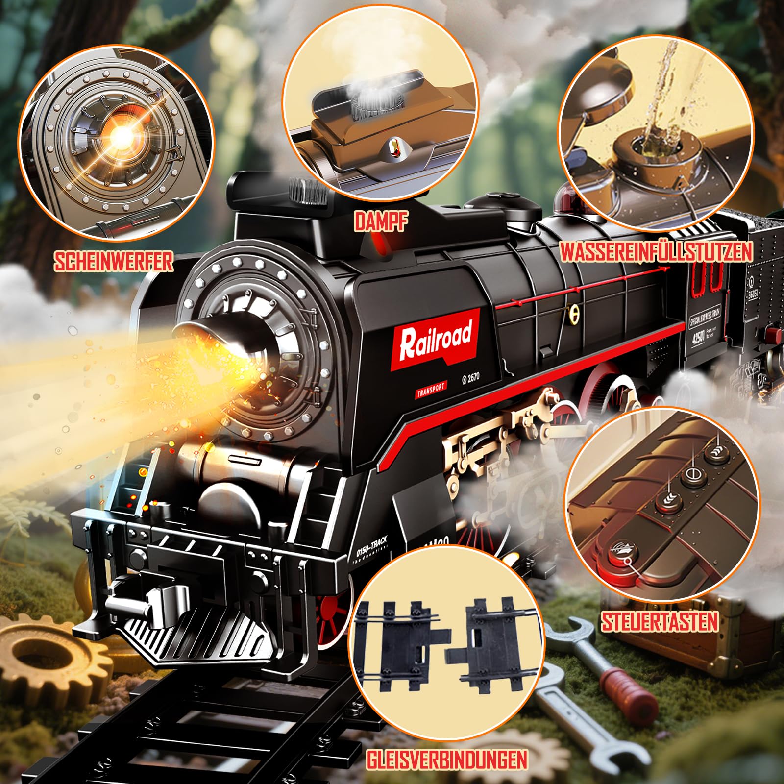 PQKL-party Elektrische Zug,Eisenbahn mit Dampf, Sounds und Lights,Luxury Track Steam Locomotive